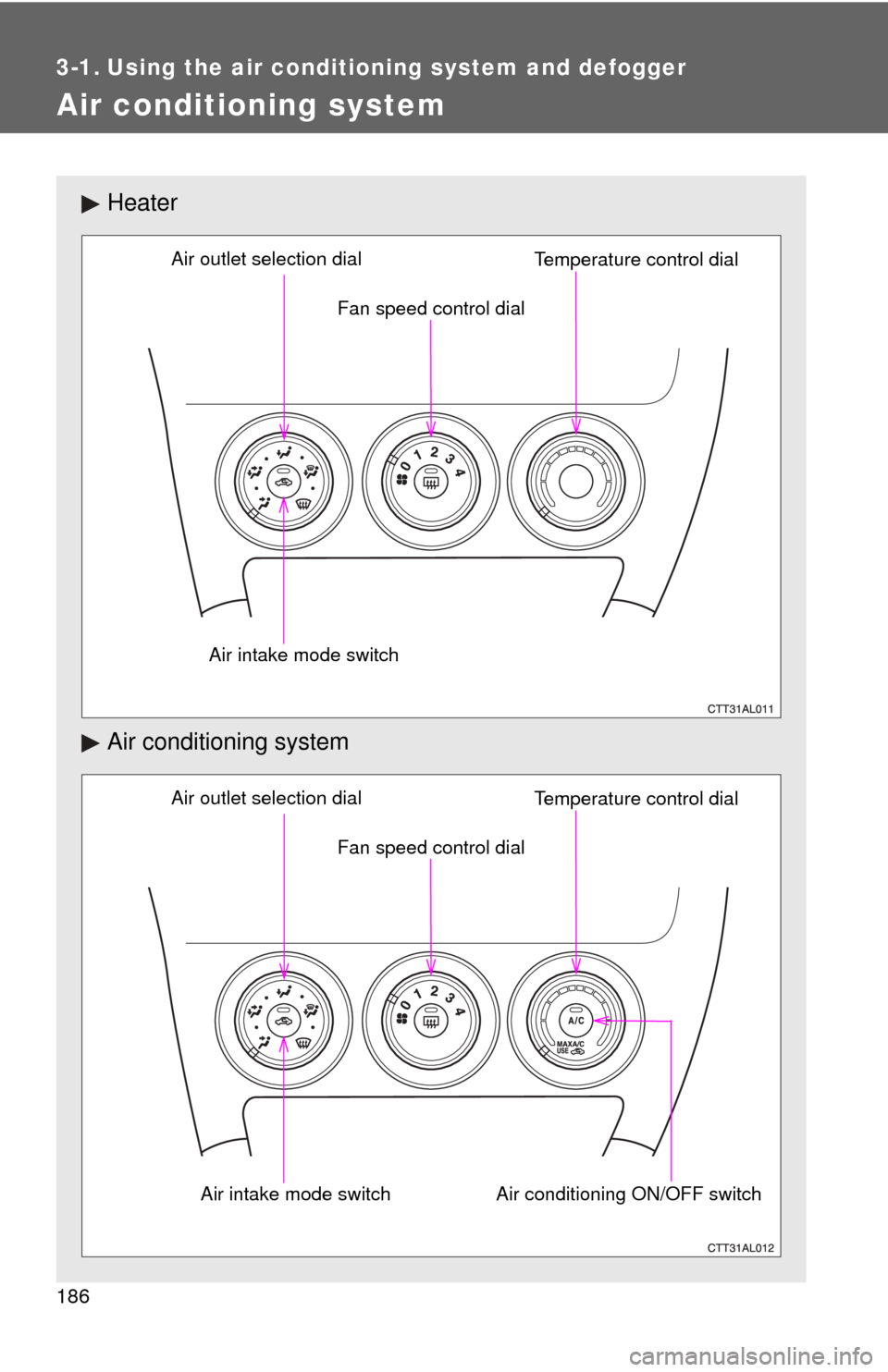 TOYOTA MATRIX 2014 E140 / 2.G Owners Manual 186
3-1. Using the air conditioning system and defogger
Air conditioning system
Heater
Air conditioning system
Fan speed control dial
Air outlet selection dial
Air intake mode switch Temperature contr TOYOTA MATRIX 2014 E140 / 2.G Owners Manual 186
3-1. Using the air conditioning system and defogger
Air conditioning system
Heater
Air conditioning system
Fan speed control dial
Air outlet selection dial
Air intake mode switch Temperature contr