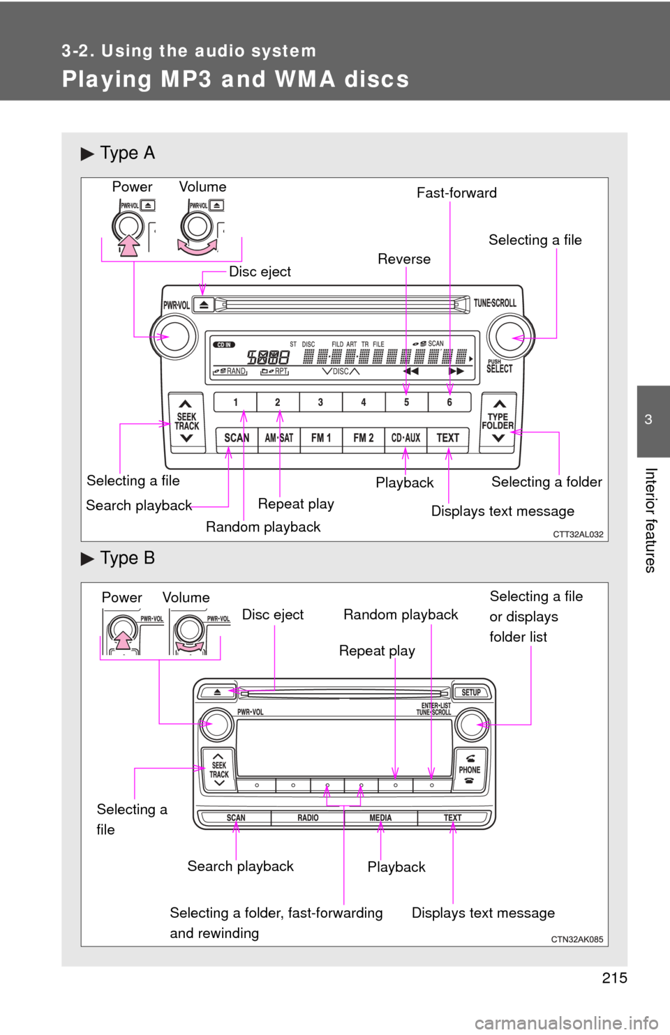 TOYOTA MATRIX 2014 E140 / 2.G User Guide 215
3-2. Using the audio system
3
Interior features
Playing MP3 and WMA discs
Ty p e A
Ty p e B
Vo l u m eRandom playback
Selecting a file
Repeat playPlayback
Power
Disc eject
Displays text message
TOYOTA MATRIX 2014 E140 / 2.G User Guide 215
3-2. Using the audio system
3
Interior features
Playing MP3 and WMA discs
Ty p e A
Ty p e B
Vo l u m eRandom playback
Selecting a file
Repeat playPlayback
Power
Disc eject
Displays text message