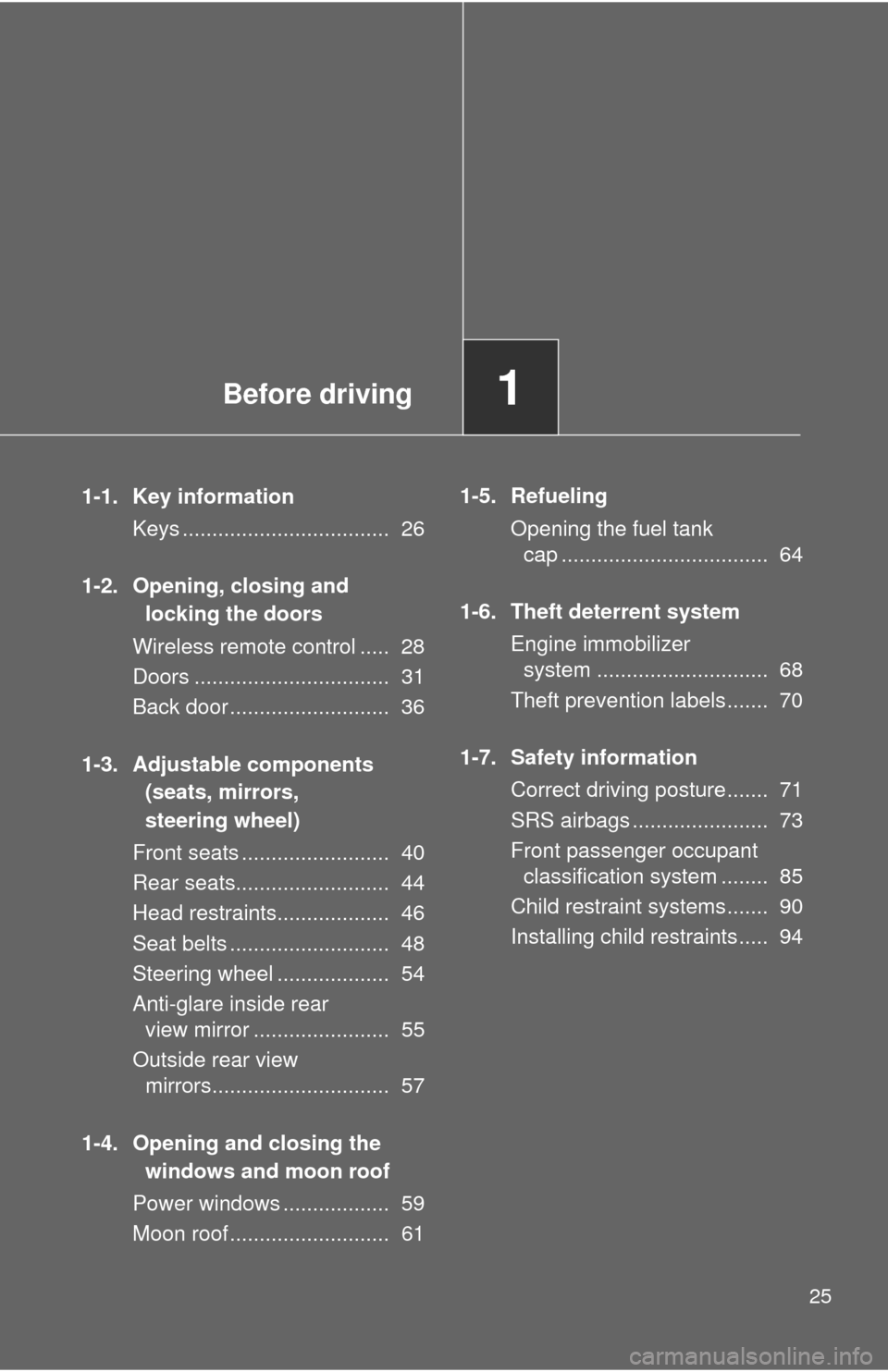 TOYOTA MATRIX 2014 E140 / 2.G Owners Manual Before driving1
25
1-1. Key informationKeys ................................... 26
1-2. Opening, closing and locking the doors
Wireless remote control ..... 28
Doors ............................... TOYOTA MATRIX 2014 E140 / 2.G Owners Manual Before driving1
25
1-1. Key informationKeys ................................... 26
1-2. Opening, closing and locking the doors
Wireless remote control ..... 28
Doors ...............................