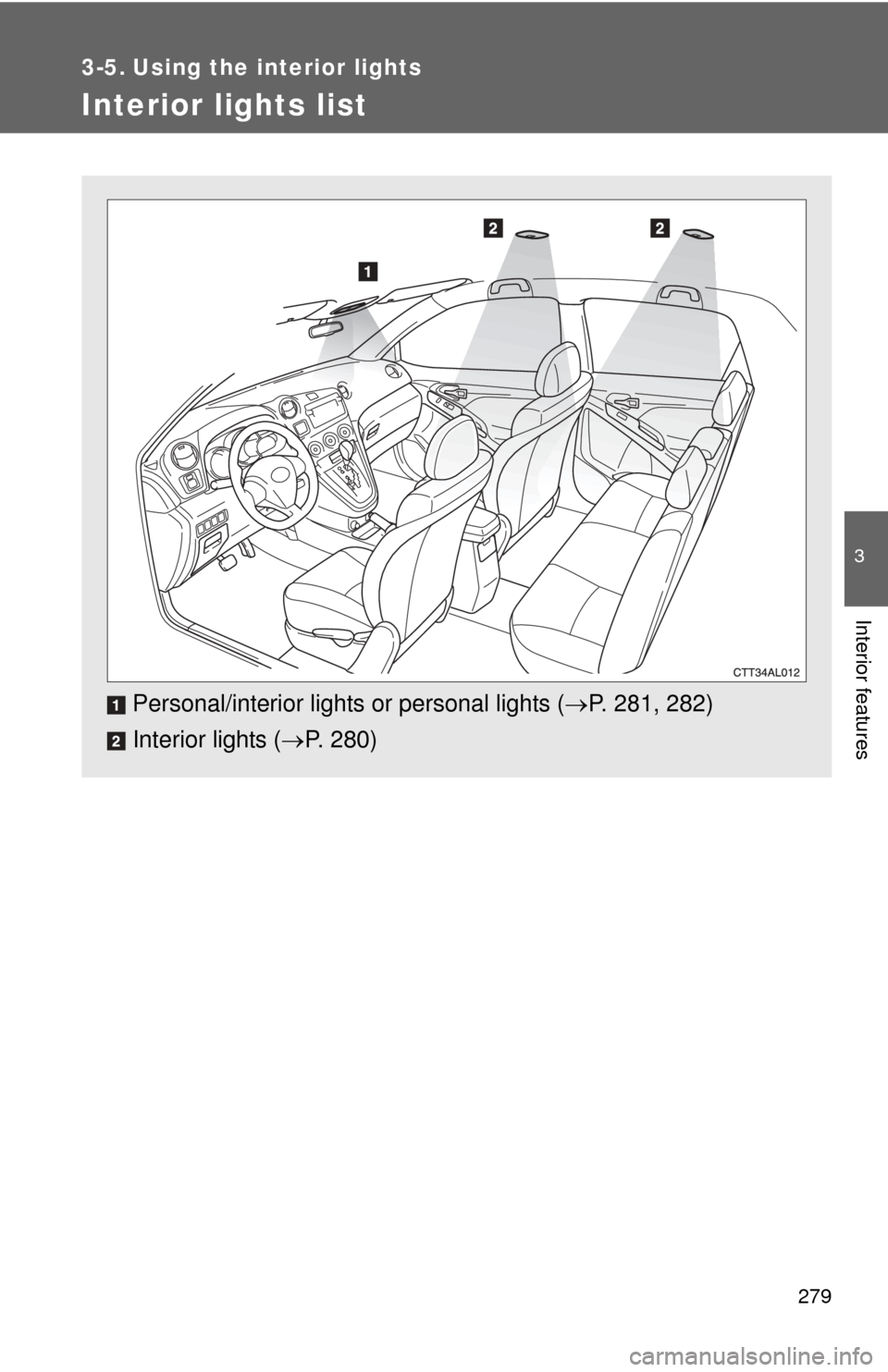 TOYOTA MATRIX 2014 E140 / 2.G Owners Manual 279
3
Interior features
3-5. Using the interior lights
Interior lights list
Personal/interior lights or personal lights (P. 281, 282)
Interior lights ( P. 280) 