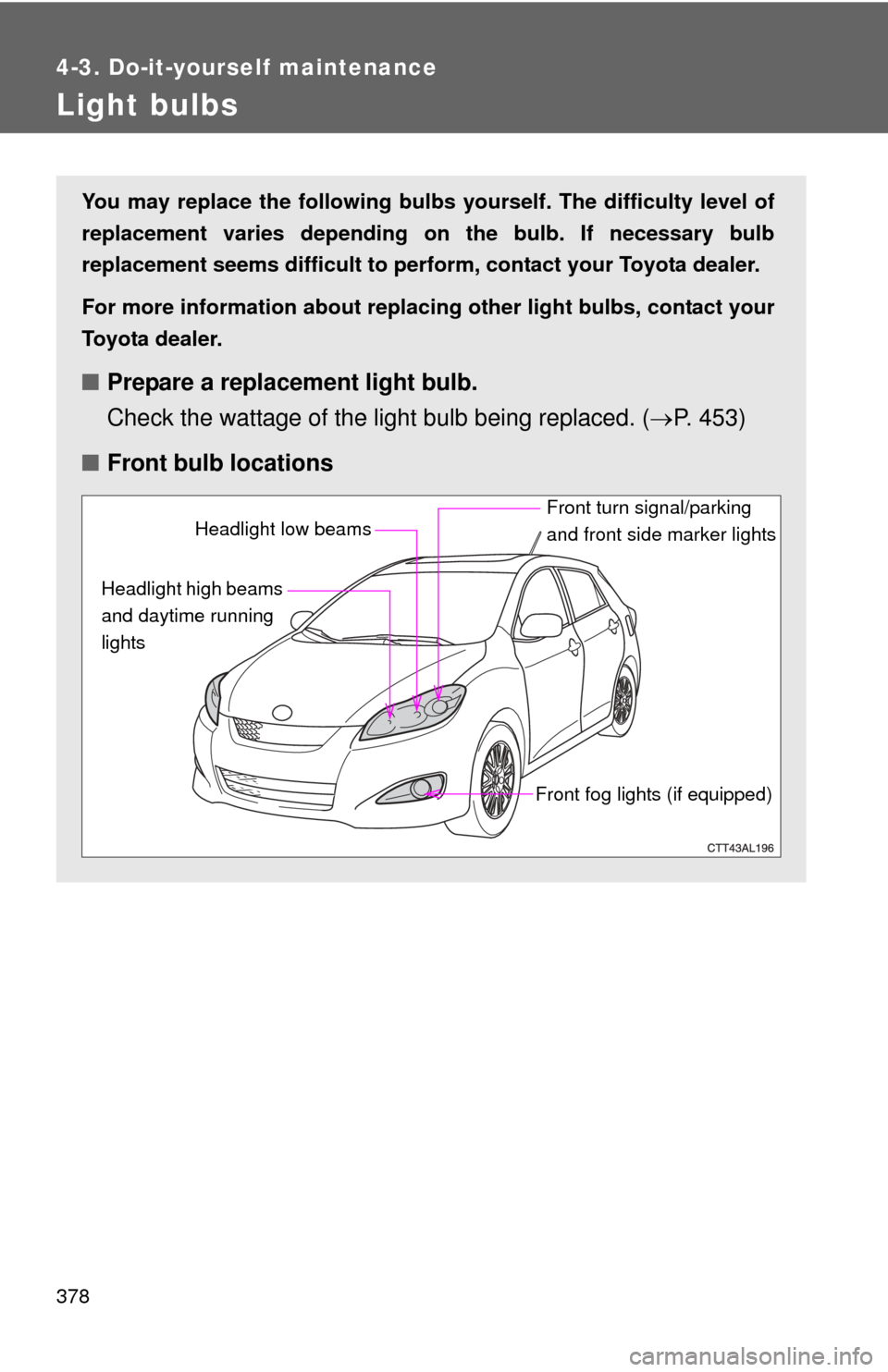 TOYOTA MATRIX 2014 E140 / 2.G Owners Manual 378
4-3. Do-it-yourself maintenance
Light bulbs
You may replace the following bulbs yourself. The difficulty level of
replacement varies depending on the bulb. If necessary bulb
replacement seems diff