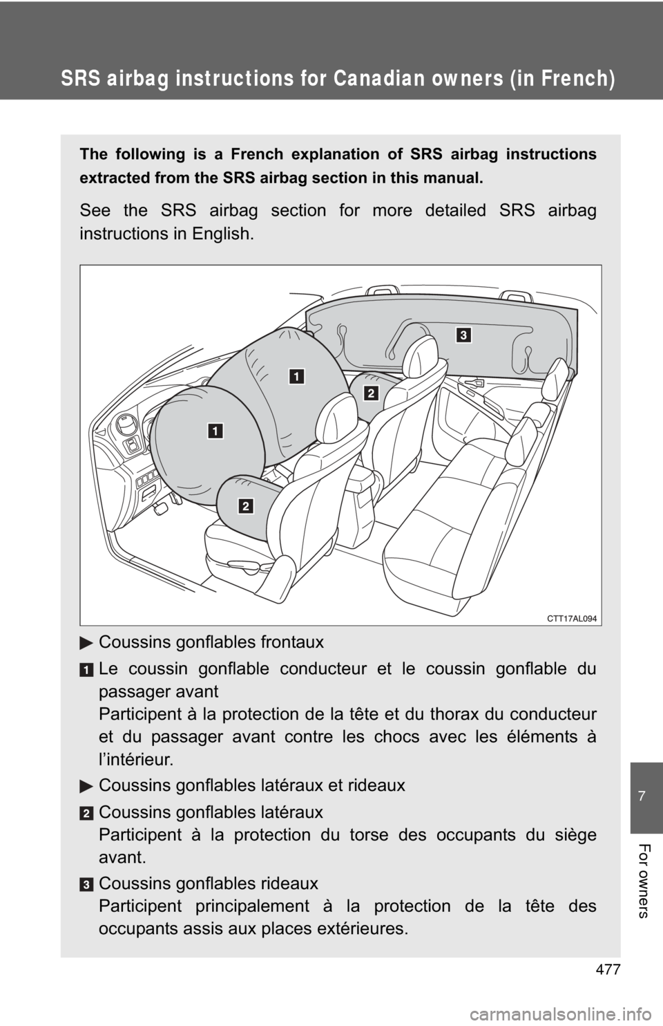 TOYOTA MATRIX 2014 E140 / 2.G Owners Manual 477
7
For owners
SRS airbag instructions for Canadian owners (in French)
The following is a French explanation of SRS airbag instructions
extracted from the SRS airbag section in this manual. 
See the