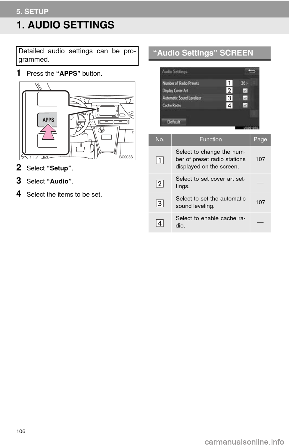 TOYOTA MIRAI 2016 1.G Navigation Manual 106
5. SETUP
1. AUDIO SETTINGS
1Press the “APPS” button.
2Select “Setup” .
3Select “Audio” .
4Select the items to be set.
Detailed audio settings can be pro-
grammed.“Audio Settings” S TOYOTA MIRAI 2016 1.G Navigation Manual 106
5. SETUP
1. AUDIO SETTINGS
1Press the “APPS” button.
2Select “Setup” .
3Select “Audio” .
4Select the items to be set.
Detailed audio settings can be pro-
grammed.“Audio Settings” S