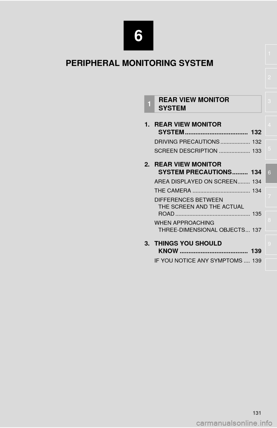 TOYOTA MIRAI 2016 1.G Navigation Manual 6
131
1
2
3
4
5
6
7
8
9
1. REAR VIEW MONITOR SYSTEM .......... ....................... ...
132
DRIVING PRECAUTIONS ................... 132
SCREEN DESCRIPTION .................... 133
2. REAR V TOYOTA MIRAI 2016 1.G Navigation Manual 6
131
1
2
3
4
5
6
7
8
9
1. REAR VIEW MONITOR SYSTEM .......... ....................... ...
132
DRIVING PRECAUTIONS ................... 132
SCREEN DESCRIPTION .................... 133
2. REAR V