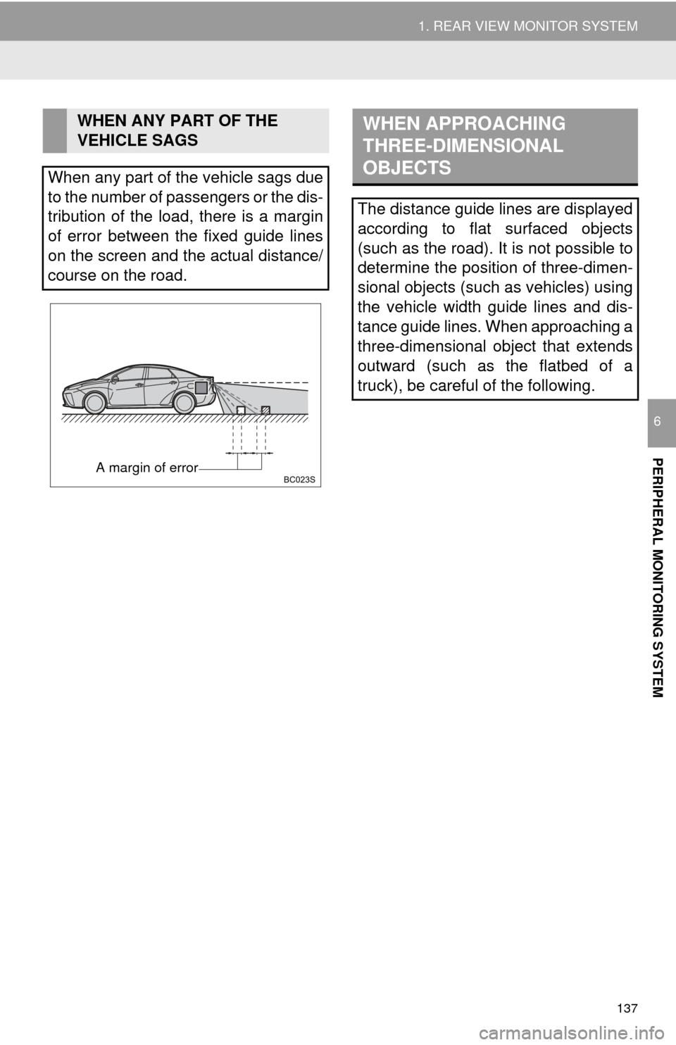 TOYOTA MIRAI 2016 1.G Navigation Manual 137
1. REAR VIEW MONITOR SYSTEM
PERIPHERAL MONITORING SYSTEM
6
WHEN ANY PART OF THE
VEHICLE SAGS
When any part of the vehicle sags due
to the number of passengers or the dis-
tribution of the load, TOYOTA MIRAI 2016 1.G Navigation Manual 137
1. REAR VIEW MONITOR SYSTEM
PERIPHERAL MONITORING SYSTEM
6
WHEN ANY PART OF THE
VEHICLE SAGS
When any part of the vehicle sags due
to the number of passengers or the dis-
tribution of the load,