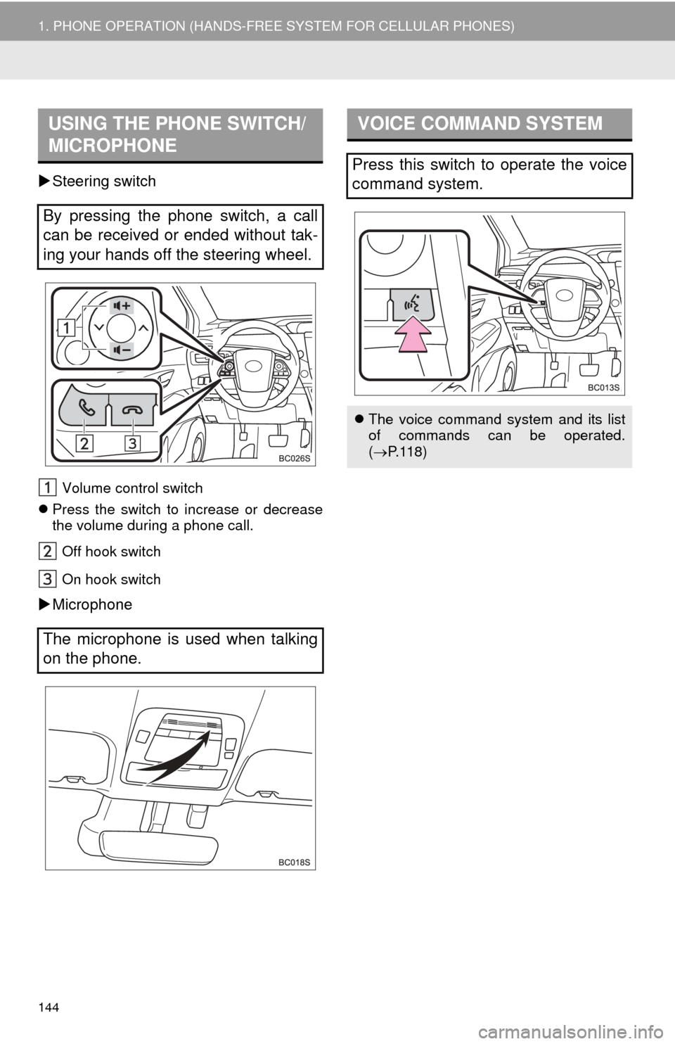 TOYOTA MIRAI 2016 1.G Navigation Manual 144
1. PHONE OPERATION (HANDS-FREE SYSTEM FOR CELLULAR PHONES)
Steering switch
Volume control switch
Press t
he switch to increase or decrease
the volume during a phone call.
Off hook switch
O TOYOTA MIRAI 2016 1.G Navigation Manual 144
1. PHONE OPERATION (HANDS-FREE SYSTEM FOR CELLULAR PHONES)
Steering switch
Volume control switch
Press t
he switch to increase or decrease
the volume during a phone call.
Off hook switch
O