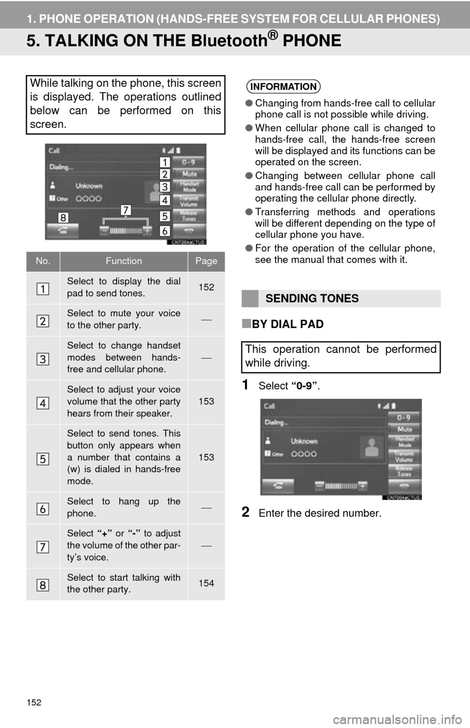 TOYOTA MIRAI 2016 1.G Navigation Manual 152
1. PHONE OPERATION (HANDS-FREE SYSTEM FOR CELLULAR PHONES)
5. TALKING ON THE Bluetooth® PHONE
■BY DIAL PAD
1Select “0-9”.
2Enter the desired number.
While talking on the phone, this screen TOYOTA MIRAI 2016 1.G Navigation Manual 152
1. PHONE OPERATION (HANDS-FREE SYSTEM FOR CELLULAR PHONES)
5. TALKING ON THE Bluetooth® PHONE
■BY DIAL PAD
1Select “0-9”.
2Enter the desired number.
While talking on the phone, this screen