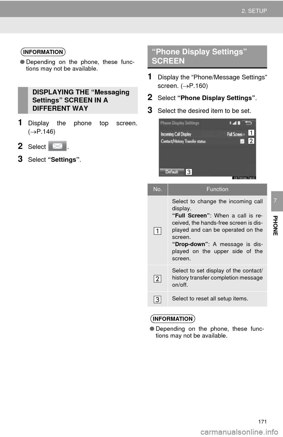 TOYOTA MIRAI 2016 1.G Navigation Manual 171
2. SETUP
PHONE
7
1Display the phone top screen.
(P.146)
2Select .
3Select “Settings” .
1Display the “Phone/Message Settings”
screen. (P.160)
2Select “Phone Display Settings” . TOYOTA MIRAI 2016 1.G Navigation Manual 171
2. SETUP
PHONE
7
1Display the phone top screen.
(P.146)
2Select .
3Select “Settings” .
1Display the “Phone/Message Settings”
screen. (P.160)
2Select “Phone Display Settings” .
