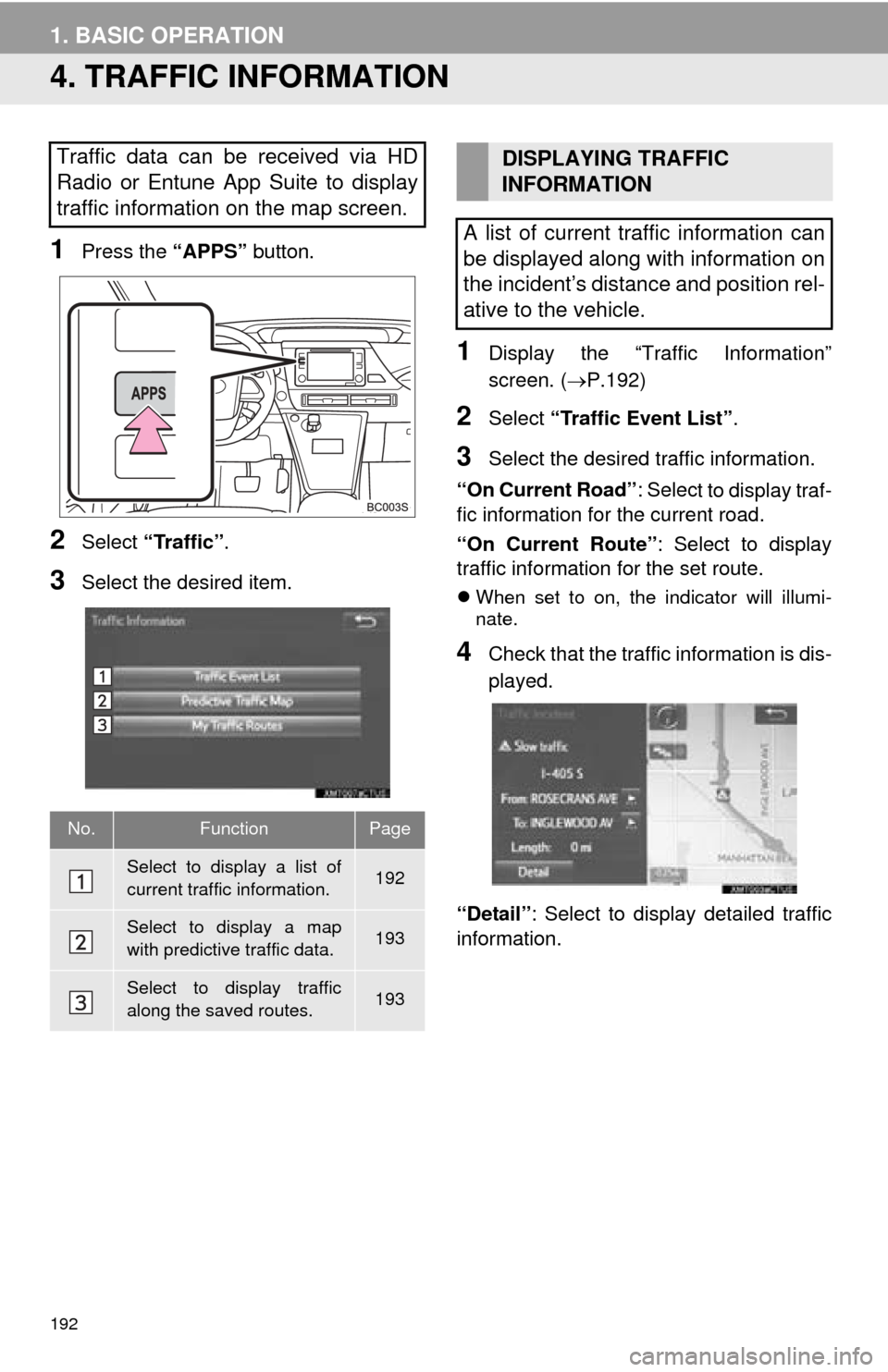 TOYOTA MIRAI 2016 1.G Navigation Manual 192
1. BASIC OPERATION
4. TRAFFIC INFORMATION
1Press the “APPS” button.
2Select “Traffic”.
3Select the desired item.
1Display the “Traffic Information”
screen. ( P.192)
2Select “Traf TOYOTA MIRAI 2016 1.G Navigation Manual 192
1. BASIC OPERATION
4. TRAFFIC INFORMATION
1Press the “APPS” button.
2Select “Traffic”.
3Select the desired item.
1Display the “Traffic Information”
screen. ( P.192)
2Select “Traf
