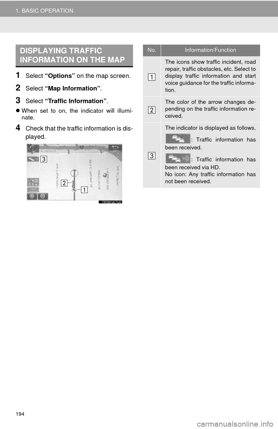 TOYOTA MIRAI 2016 1.G Navigation Manual 194
1. BASIC OPERATION
1Select “Options” on the map screen.
2Select “Map Information” .
3Select “Traffic Information” .
When set to on, the indicator will illumi -
nate.
4Check that the TOYOTA MIRAI 2016 1.G Navigation Manual 194
1. BASIC OPERATION
1Select “Options” on the map screen.
2Select “Map Information” .
3Select “Traffic Information” .
When set to on, the indicator will illumi -
nate.
4Check that the