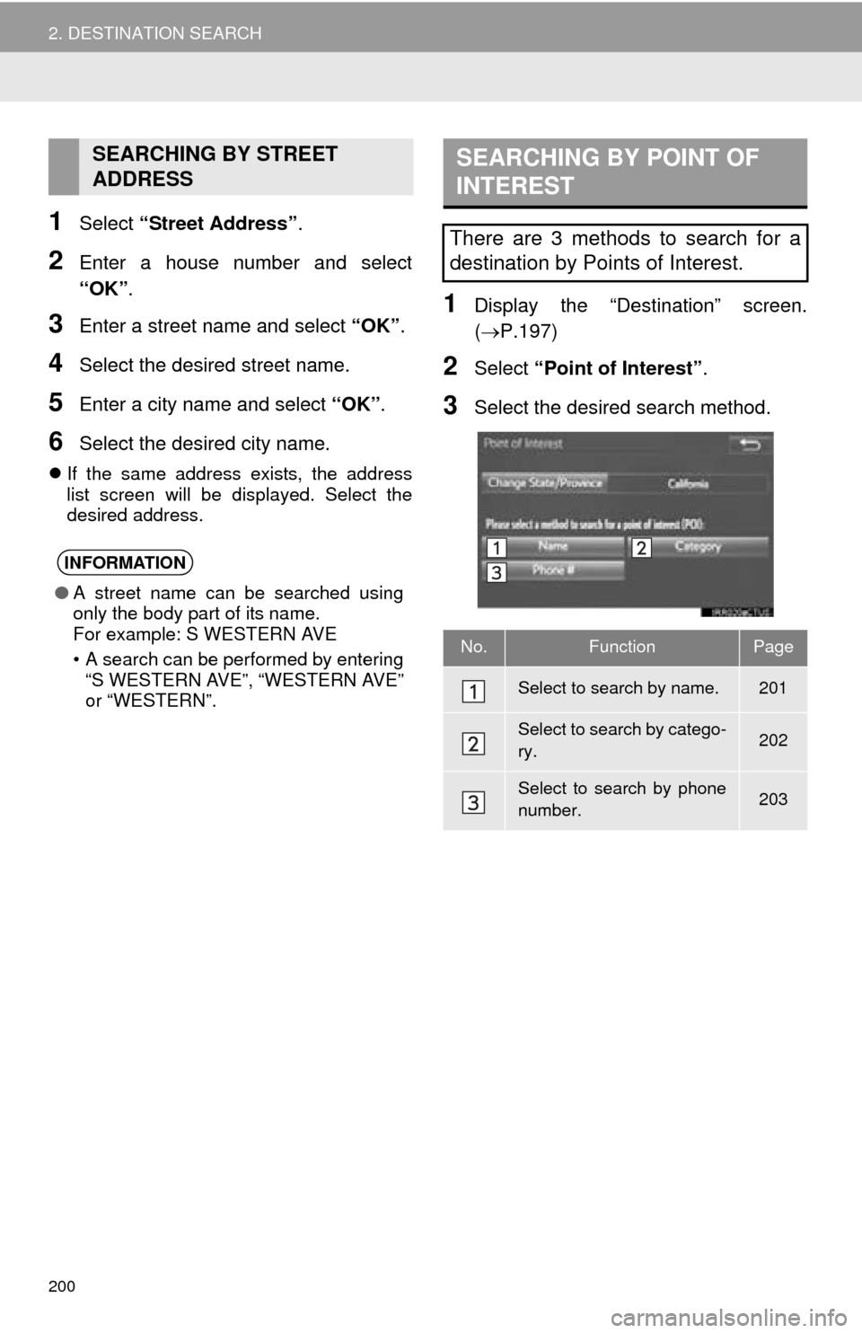 TOYOTA MIRAI 2016 1.G Navigation Manual 200
2. DESTINATION SEARCH
1Select “Street Address”.
2Enter a house number and select
“OK”.
3Enter a street name and select “OK”.
4Select the desired street name.
5Enter a city name and s TOYOTA MIRAI 2016 1.G Navigation Manual 200
2. DESTINATION SEARCH
1Select “Street Address”.
2Enter a house number and select
“OK”.
3Enter a street name and select “OK”.
4Select the desired street name.
5Enter a city name and s