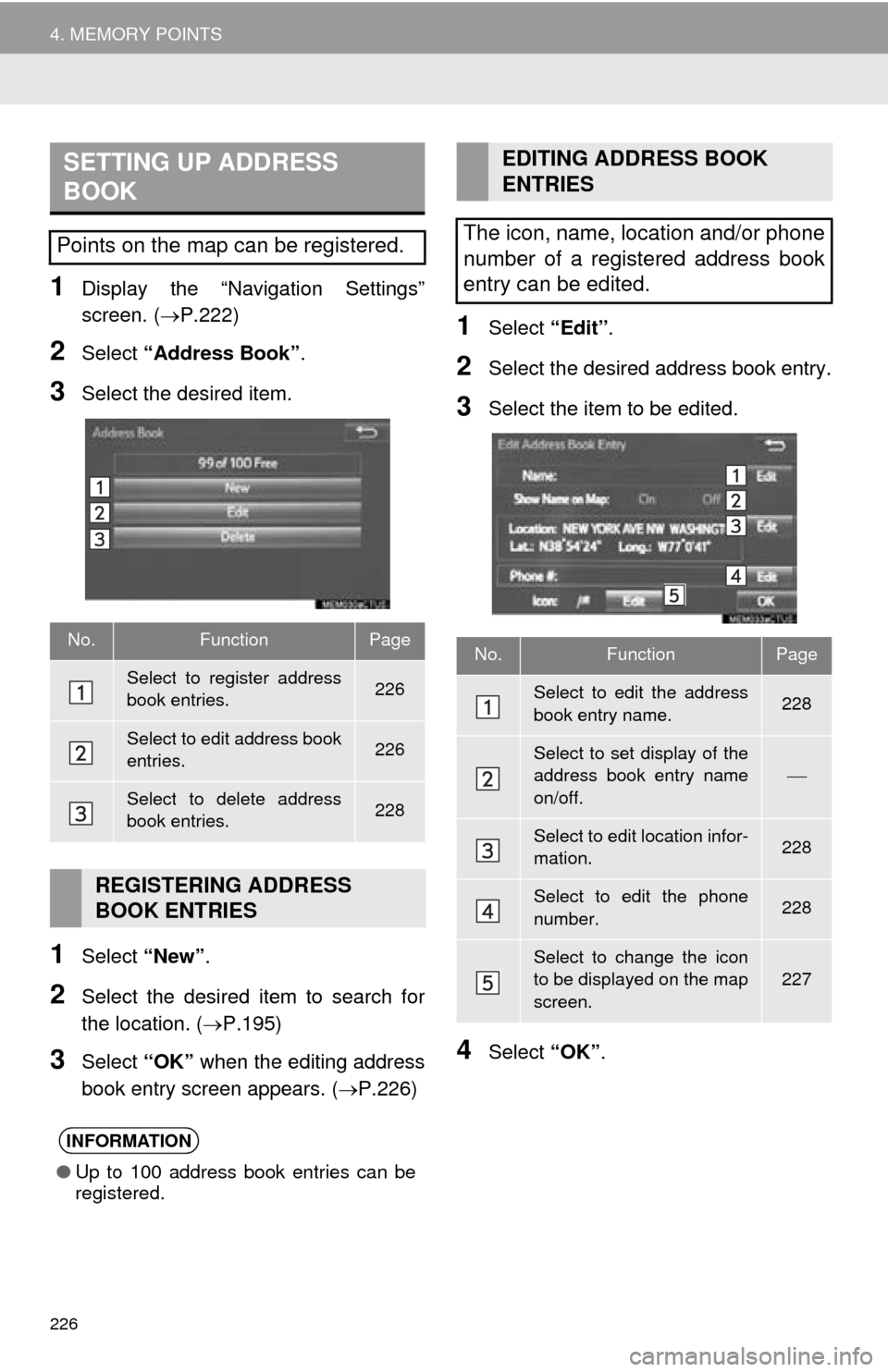TOYOTA MIRAI 2016 1.G Navigation Manual 226
4. MEMORY POINTS
1Display the “Navigation Settings”
screen. (P.222)
2Select “Address Book” .
3Select the desired item.
1Select “New”.
2Select the desired item to search for
the lo TOYOTA MIRAI 2016 1.G Navigation Manual 226
4. MEMORY POINTS
1Display the “Navigation Settings”
screen. (P.222)
2Select “Address Book” .
3Select the desired item.
1Select “New”.
2Select the desired item to search for
the lo