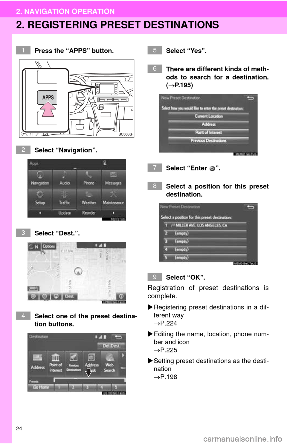 TOYOTA MIRAI 2016 1.G Navigation Manual 24
2. NAVIGATION OPERATION
2. REGISTERING PRESET DESTINATIONS
Press the “APPS” button.
Select “Navigation”.
Select “Dest.”.
Select one of the preset destina-
ti
on buttons. Select “Yes TOYOTA MIRAI 2016 1.G Navigation Manual 24
2. NAVIGATION OPERATION
2. REGISTERING PRESET DESTINATIONS
Press the “APPS” button.
Select “Navigation”.
Select “Dest.”.
Select one of the preset destina-
ti
on buttons. Select “Yes