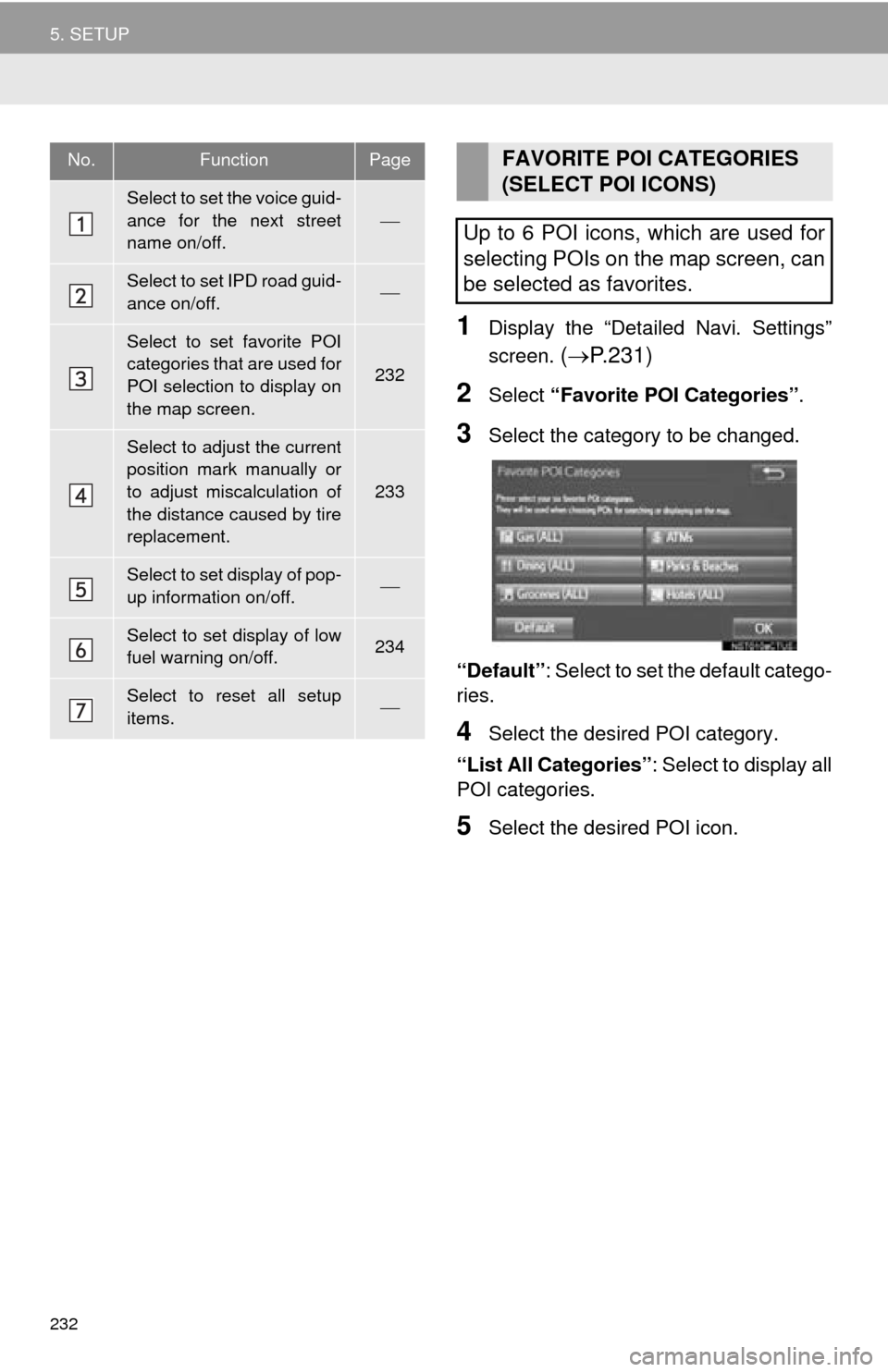 TOYOTA MIRAI 2016 1.G Navigation Manual 232
5. SETUP
1Display the “Detailed Navi. Settings”
screen.
( P.231 )
2Select “Favorite POI Categories” .
3Select the category to be changed.
“Default”:
Select to set the default ca TOYOTA MIRAI 2016 1.G Navigation Manual 232
5. SETUP
1Display the “Detailed Navi. Settings”
screen.
( P.231 )
2Select “Favorite POI Categories” .
3Select the category to be changed.
“Default”:
Select to set the default ca
