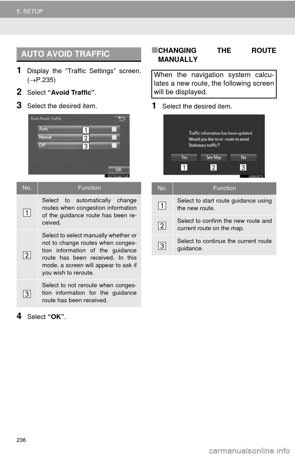 TOYOTA MIRAI 2016 1.G Navigation Manual 236
5. SETUP
1Display the “Traffic Settings” screen.
(P.235)
2Select “Avoid Traffic” .
3Select the desired item.
4Select “OK”.
■CHANGING THE ROUTE
MANUALLY
1Select the desired item. TOYOTA MIRAI 2016 1.G Navigation Manual 236
5. SETUP
1Display the “Traffic Settings” screen.
(P.235)
2Select “Avoid Traffic” .
3Select the desired item.
4Select “OK”.
■CHANGING THE ROUTE
MANUALLY
1Select the desired item.