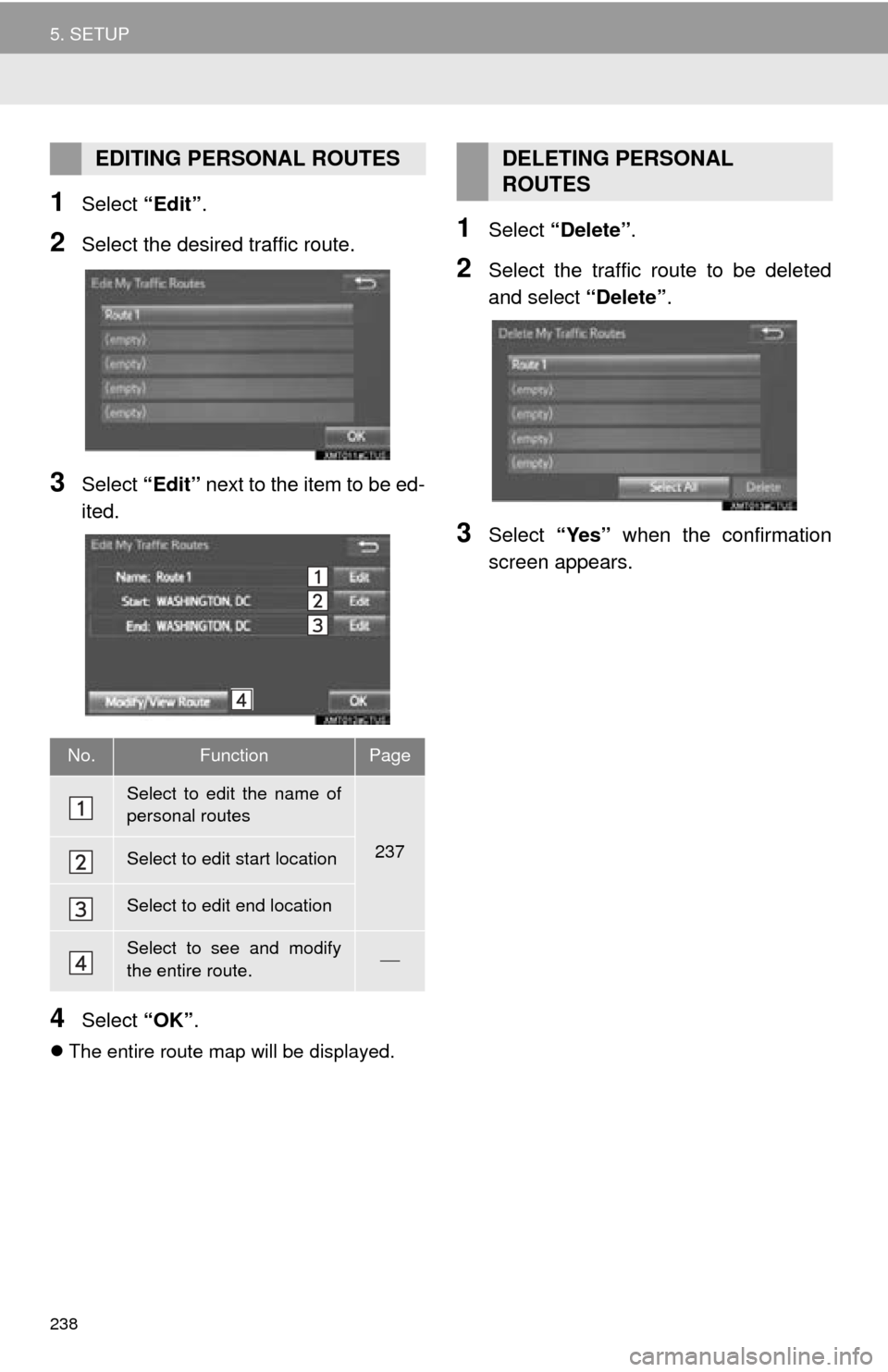 TOYOTA MIRAI 2016 1.G Navigation Manual 238
5. SETUP
1Select “Edit”.
2Select the desired traffic route.
3Select “Edit” next to the item to be ed -
ited.
4Select “OK”.
The entire route map will be displayed.
1Select “Dele TOYOTA MIRAI 2016 1.G Navigation Manual 238
5. SETUP
1Select “Edit”.
2Select the desired traffic route.
3Select “Edit” next to the item to be ed -
ited.
4Select “OK”.
The entire route map will be displayed.
1Select “Dele