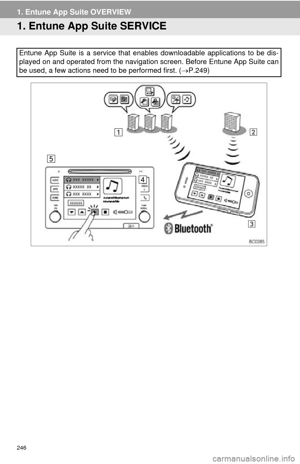 TOYOTA MIRAI 2016 1.G Navigation Manual 246
1. Entune App Suite OVERVIEW
1. Entune App Suite SERVICE
Entune App Suite is a service that enables downloadable applications to be dis-
played on and operated from the navigation screen. Before E TOYOTA MIRAI 2016 1.G Navigation Manual 246
1. Entune App Suite OVERVIEW
1. Entune App Suite SERVICE
Entune App Suite is a service that enables downloadable applications to be dis-
played on and operated from the navigation screen. Before E