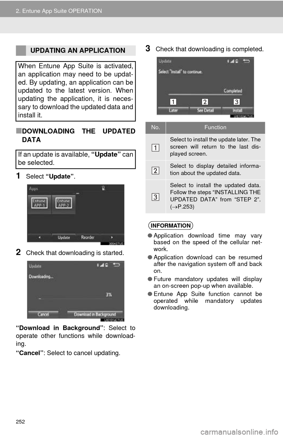 TOYOTA MIRAI 2016 1.G Navigation Manual 252
2. Entune App Suite OPERATION
■DOWNLOADING THE UPDATED
DATA
1Select “Update” .
2Check that downloading is started.
“Download in Background” : Select
to
operate other functions while TOYOTA MIRAI 2016 1.G Navigation Manual 252
2. Entune App Suite OPERATION
■DOWNLOADING THE UPDATED
DATA
1Select “Update” .
2Check that downloading is started.
“Download in Background” : Select
to
operate other functions while