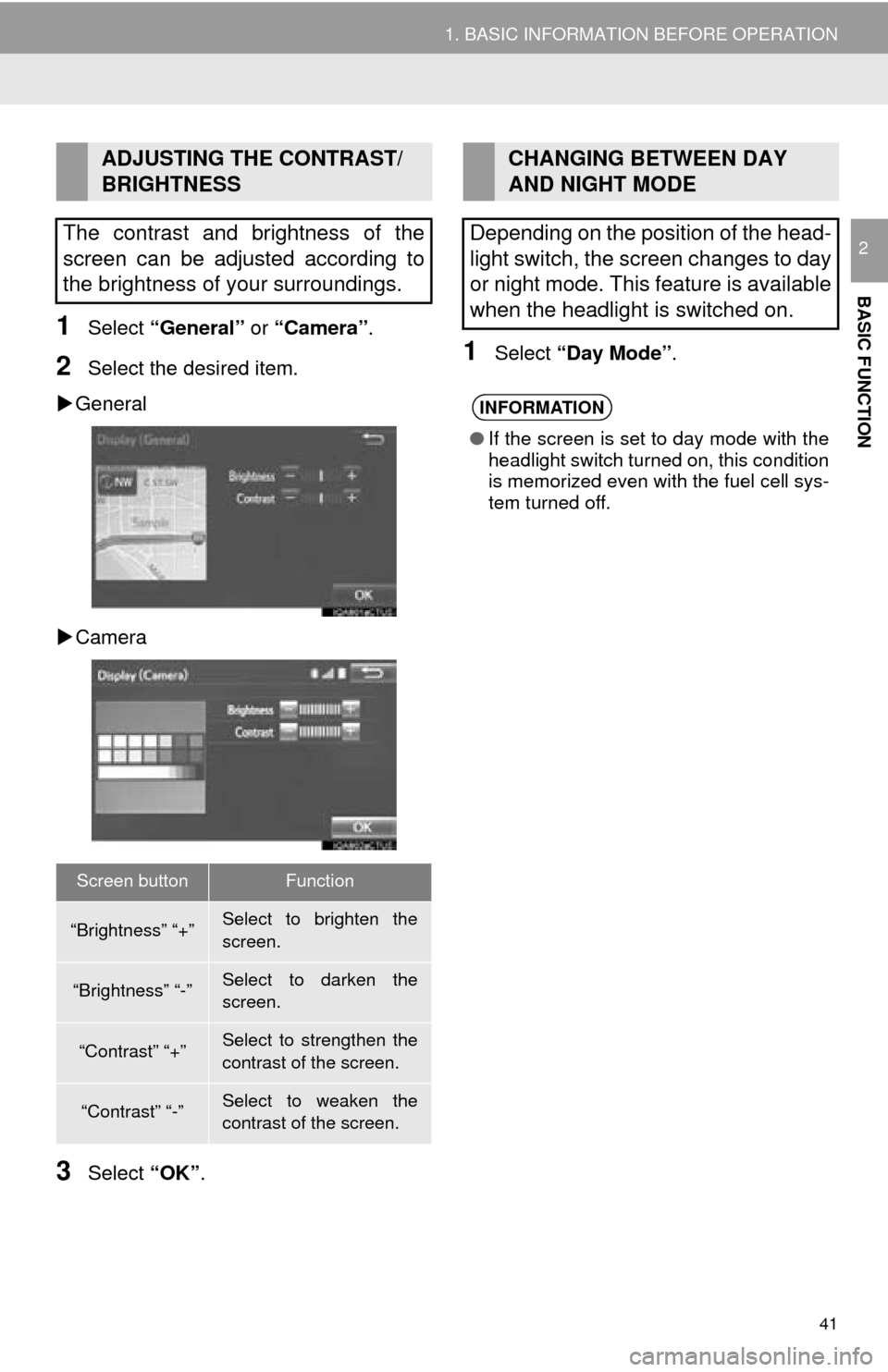 TOYOTA MIRAI 2016 1.G Navigation Manual 41
1. BASIC INFORMATION BEFORE OPERATION
BASIC FUNCTION
2
1Select “General” or “Camera” .
2Select the desired item.
Ge
neral
Camera
3Select “OK”.
1Select “Day Mode” .
ADJUSTI TOYOTA MIRAI 2016 1.G Navigation Manual 41
1. BASIC INFORMATION BEFORE OPERATION
BASIC FUNCTION
2
1Select “General” or “Camera” .
2Select the desired item.
Ge
neral
Camera
3Select “OK”.
1Select “Day Mode” .
ADJUSTI