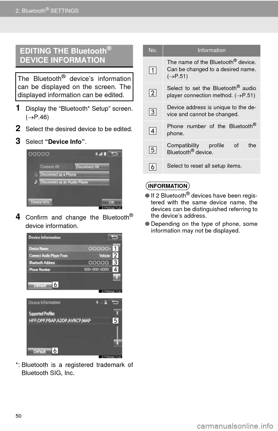 TOYOTA MIRAI 2016 1.G Navigation Manual 50
2. Bluetooth® SETTINGS
1Display the “Bluetooth* Setup” screen.
(P.46)
2Select the desired device to be edited.
3Select “Device Info” .
4Confirm and change the Bluetooth®
device inform TOYOTA MIRAI 2016 1.G Navigation Manual 50
2. Bluetooth® SETTINGS
1Display the “Bluetooth* Setup” screen.
(P.46)
2Select the desired device to be edited.
3Select “Device Info” .
4Confirm and change the Bluetooth®
device inform