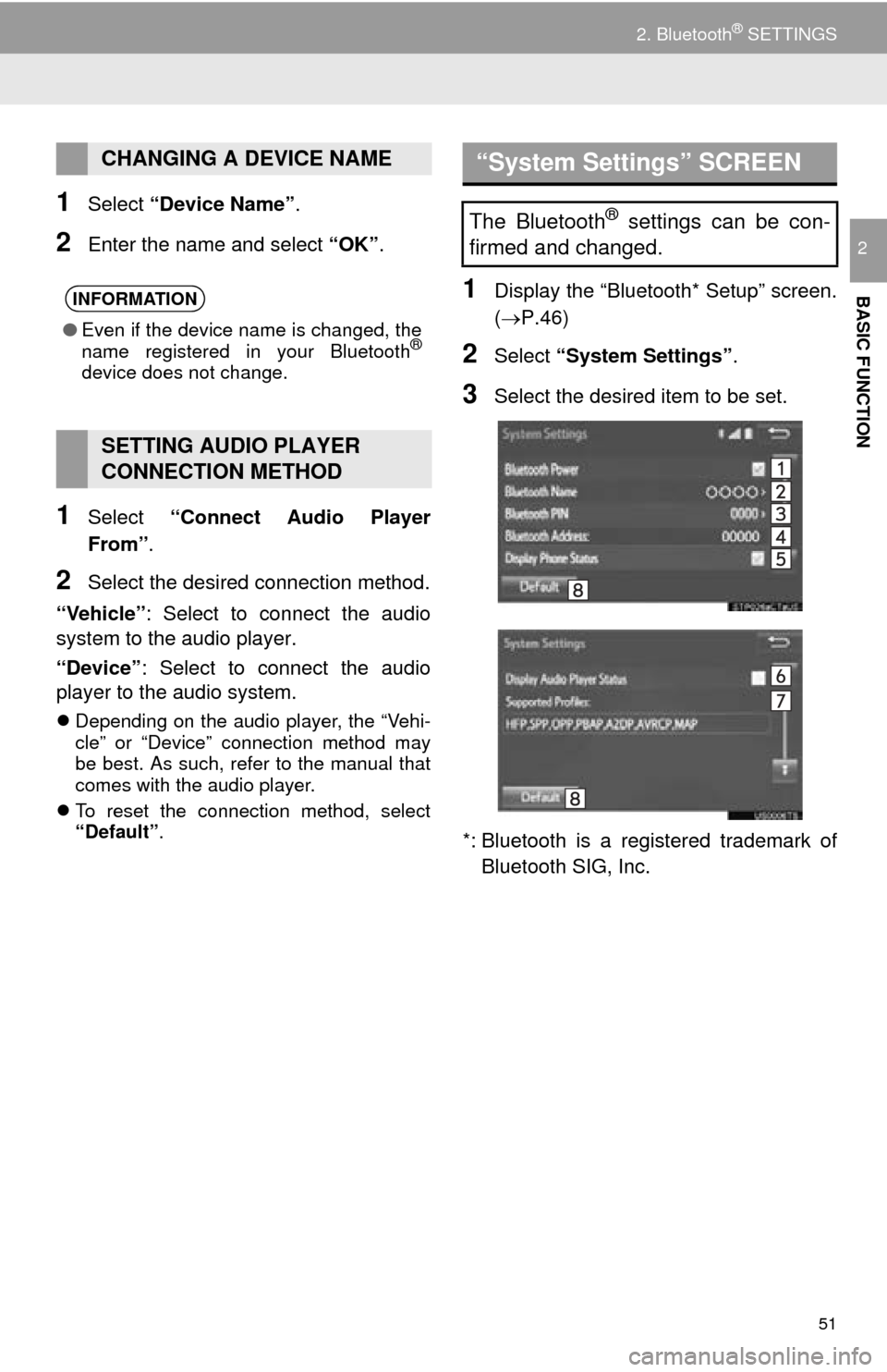 TOYOTA MIRAI 2016 1.G Navigation Manual 51
2. Bluetooth® SETTINGS
BASIC FUNCTION
2
1Select “Device Name” .
2Enter the name and select “OK”.
1Select “Connect Audio Player
From”.
2Select the desired connection method.
“Vehic TOYOTA MIRAI 2016 1.G Navigation Manual 51
2. Bluetooth® SETTINGS
BASIC FUNCTION
2
1Select “Device Name” .
2Enter the name and select “OK”.
1Select “Connect Audio Player
From”.
2Select the desired connection method.
“Vehic