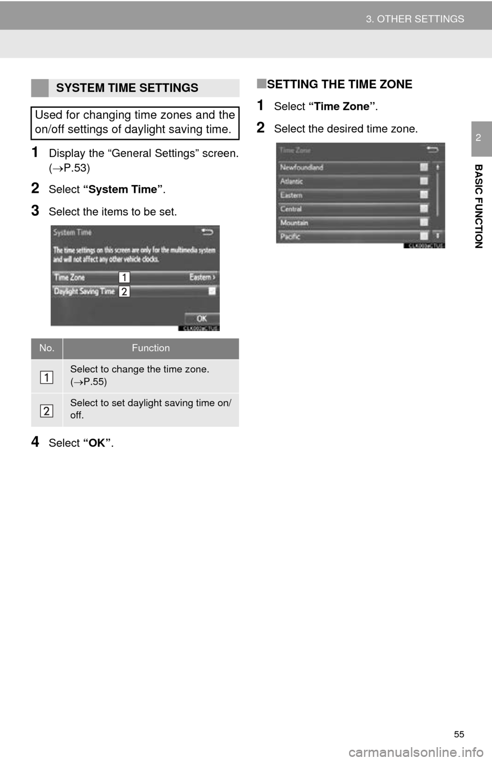 TOYOTA MIRAI 2016 1.G Navigation Manual 55
3. OTHER SETTINGS
BASIC FUNCTION
2
1Display the “General Settings” screen.
(P.53)
2Select “System Time” .
3Select the items to be set.
4Select “OK”.
■SETTING THE TIME ZONE
1Select TOYOTA MIRAI 2016 1.G Navigation Manual 55
3. OTHER SETTINGS
BASIC FUNCTION
2
1Display the “General Settings” screen.
(P.53)
2Select “System Time” .
3Select the items to be set.
4Select “OK”.
■SETTING THE TIME ZONE
1Select