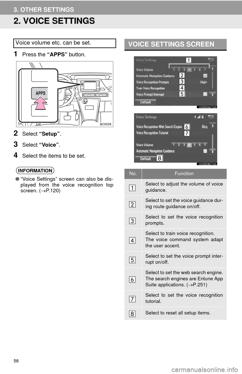 TOYOTA MIRAI 2016 1.G Navigation Manual 58
3. OTHER SETTINGS
2. VOICE SETTINGS
1Press the “APPS” button.
2Select “Setup” .
3Select “Voice” .
4Select the items to be set.
Voice volume etc. can be set.
INFORMATION
●“Voice Sett TOYOTA MIRAI 2016 1.G Navigation Manual 58
3. OTHER SETTINGS
2. VOICE SETTINGS
1Press the “APPS” button.
2Select “Setup” .
3Select “Voice” .
4Select the items to be set.
Voice volume etc. can be set.
INFORMATION
●“Voice Sett