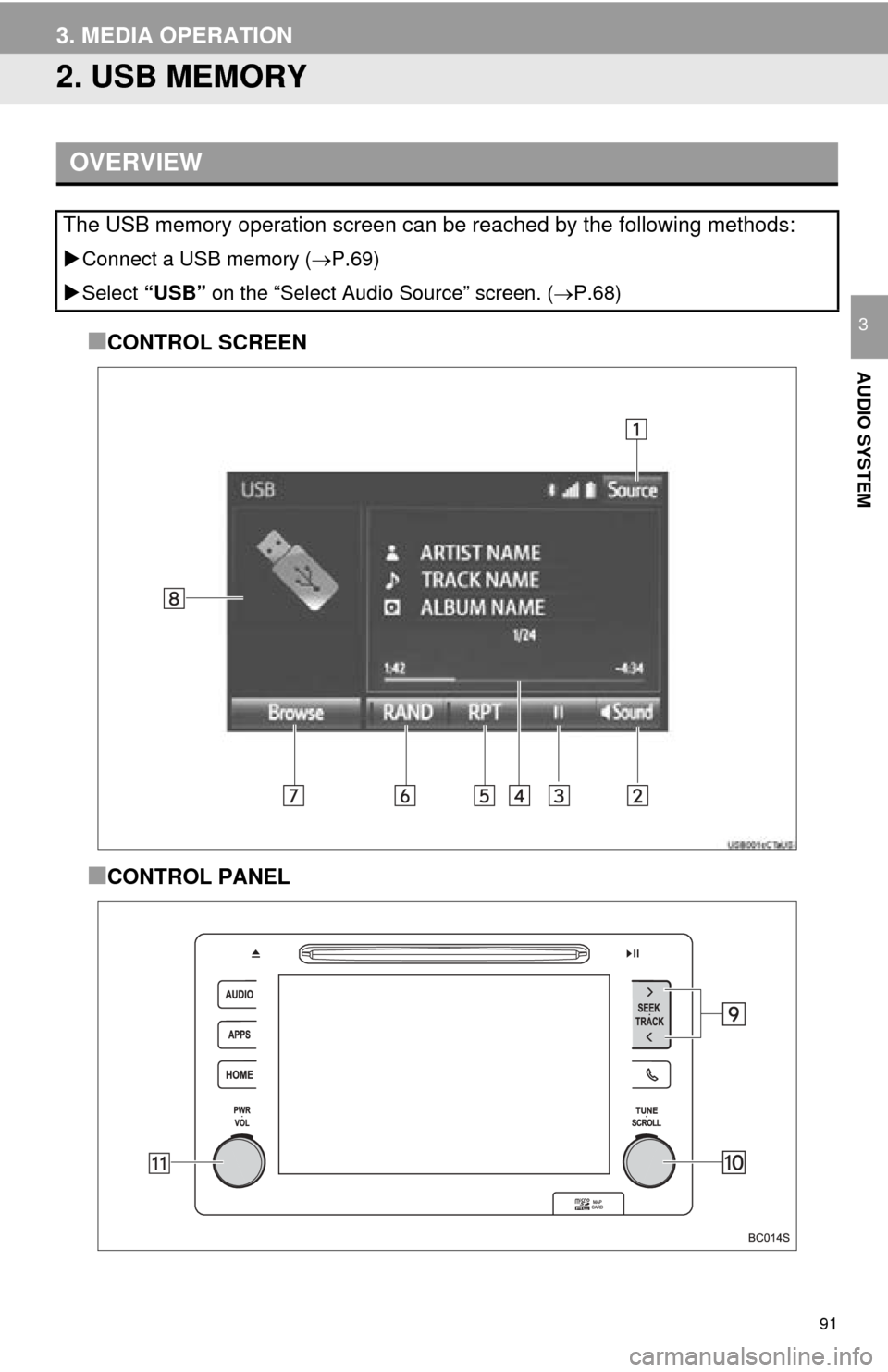 TOYOTA MIRAI 2016 1.G Navigation Manual 91
3. MEDIA OPERATION
AUDIO SYSTEM
3
2. USB MEMORY
■CONTROL SCREEN
■CONTROL PANEL
OVERVIEW
The USB memory operation screen can be reached by the following methods:
Connect a USB memory ( P. TOYOTA MIRAI 2016 1.G Navigation Manual 91
3. MEDIA OPERATION
AUDIO SYSTEM
3
2. USB MEMORY
■CONTROL SCREEN
■CONTROL PANEL
OVERVIEW
The USB memory operation screen can be reached by the following methods:
Connect a USB memory ( P.