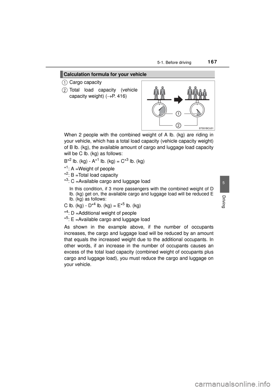 TOYOTA MIRAI 2016 1.G Owners Manual 1675-1. Before driving
5
Driving
MIRAI_OM_USA_OM62004U
Cargo capacity
Total load capacity (vehicle
capacity weight) (P. 416)
When 2 people with the combined weight of A lb. (kg) are riding in
your TOYOTA MIRAI 2016 1.G Owners Manual 1675-1. Before driving
5
Driving
MIRAI_OM_USA_OM62004U
Cargo capacity
Total load capacity (vehicle
capacity weight) (P. 416)
When 2 people with the combined weight of A lb. (kg) are riding in
your