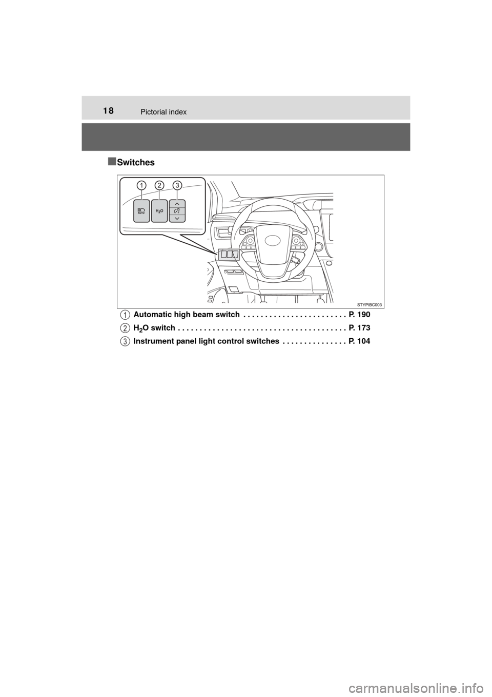 TOYOTA MIRAI 2016 1.G User Guide 18Pictorial index
MIRAI_OM_USA_OM62004U
■Switches
Automatic high beam switch  . . . . . . . . . . . . . . . . . . . . . . . .  P. 190
H
2O switch  . . . . . . . . . . . . . . . . . . . . . . . . . .