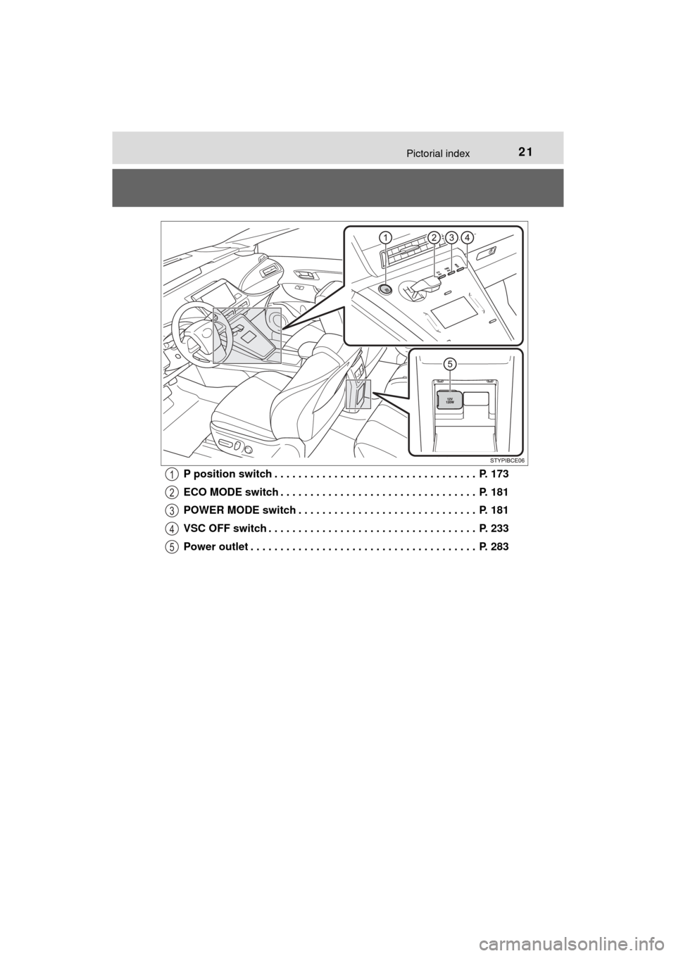 TOYOTA MIRAI 2016 1.G Owners Manual 21Pictorial index
MIRAI_OM_USA_OM62004UP position switch . . . . . . . . . . . . . . . . . . . . . . . . . . . . . . . . . . P. 173
ECO MODE switch . . . . . . . . . . . . . . . . . . . . . . . . . . TOYOTA MIRAI 2016 1.G Owners Manual 21Pictorial index
MIRAI_OM_USA_OM62004UP position switch . . . . . . . . . . . . . . . . . . . . . . . . . . . . . . . . . . P. 173
ECO MODE switch . . . . . . . . . . . . . . . . . . . . . . . . . .