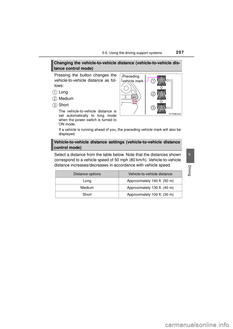 TOYOTA MIRAI 2016 1.G Owners Manual 2075-5. Using the driving support systems
5
Driving
MIRAI_OM_USA_OM62004U
Pressing the button changes the
vehicle-to-vehicle distance as fol-
lows:Long
Medium
Short
The vehicle-to-vehicle distance is
TOYOTA MIRAI 2016 1.G Owners Manual 2075-5. Using the driving support systems
5
Driving
MIRAI_OM_USA_OM62004U
Pressing the button changes the
vehicle-to-vehicle distance as fol-
lows:Long
Medium
Short
The vehicle-to-vehicle distance is
