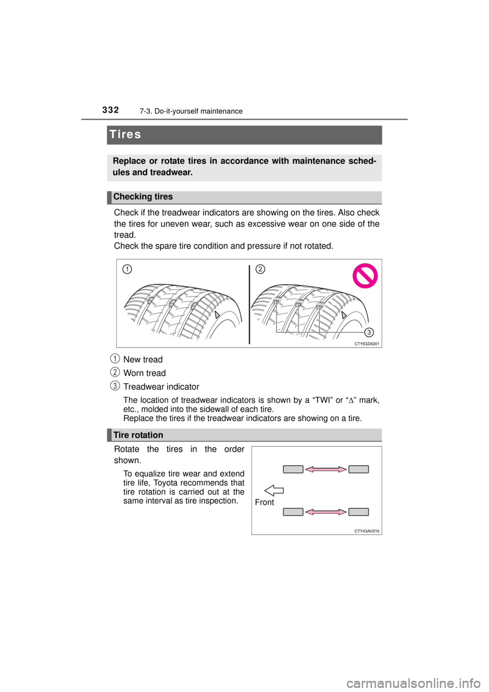 TOYOTA MIRAI 2016 1.G Owners Manual 3327-3. Do-it-yourself maintenance
MIRAI_OM_USA_OM62004U
Tires
Check if the treadwear indicators are showing on the tires. Also check
the tires for uneven wear, such as excessive wear on one side of TOYOTA MIRAI 2016 1.G Owners Manual 3327-3. Do-it-yourself maintenance
MIRAI_OM_USA_OM62004U
Tires
Check if the treadwear indicators are showing on the tires. Also check
the tires for uneven wear, such as excessive wear on one side of