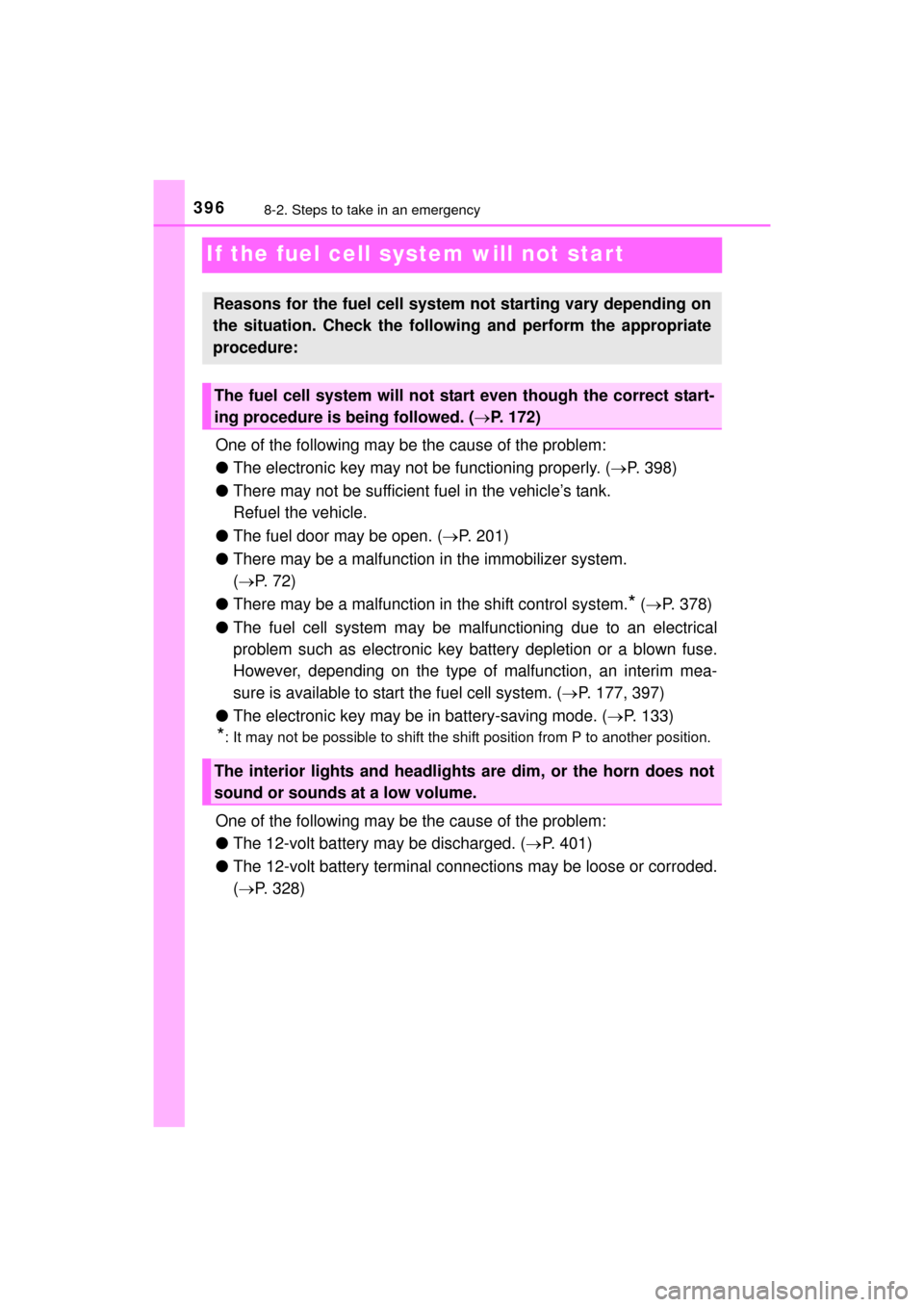 TOYOTA MIRAI 2016 1.G Owners Manual 3968-2. Steps to take in an emergency
MIRAI_OM_USA_OM62004U
If the fuel cell system will not start
One of the following may be the cause of the problem:
●The electronic key may not be functioning pr TOYOTA MIRAI 2016 1.G Owners Manual 3968-2. Steps to take in an emergency
MIRAI_OM_USA_OM62004U
If the fuel cell system will not start
One of the following may be the cause of the problem:
●The electronic key may not be functioning pr
