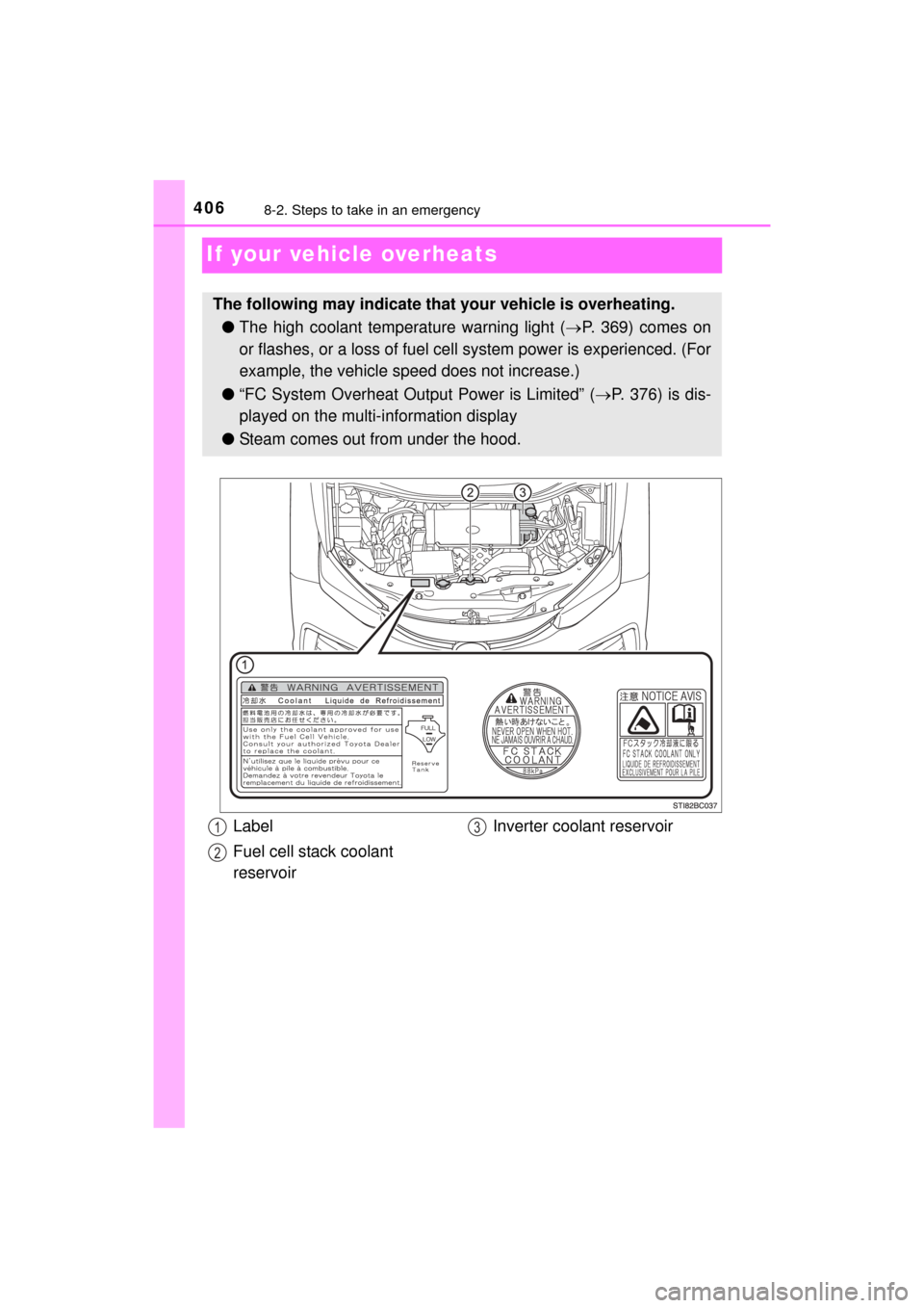 TOYOTA MIRAI 2016 1.G Manual Online 4068-2. Steps to take in an emergency
MIRAI_OM_USA_OM62004U
If your vehicle overheats
The following may indicate that your vehicle is overheating.
● The high coolant temperature warning light ( P