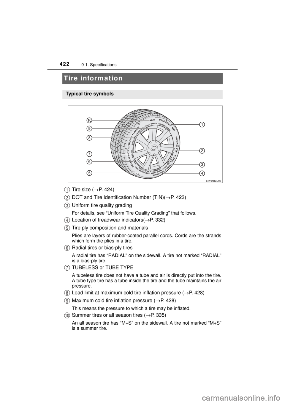 TOYOTA MIRAI 2016 1.G Owners Manual 4229-1. Specifications
MIRAI_OM_USA_OM62004U
Tire information
Tire size (P. 424)
DOT and Tire Identification Number (TIN)( P. 423)
Uniform tire quality grading
For details, see “Uniform Tire TOYOTA MIRAI 2016 1.G Owners Manual 4229-1. Specifications
MIRAI_OM_USA_OM62004U
Tire information
Tire size (P. 424)
DOT and Tire Identification Number (TIN)( P. 423)
Uniform tire quality grading
For details, see “Uniform Tire