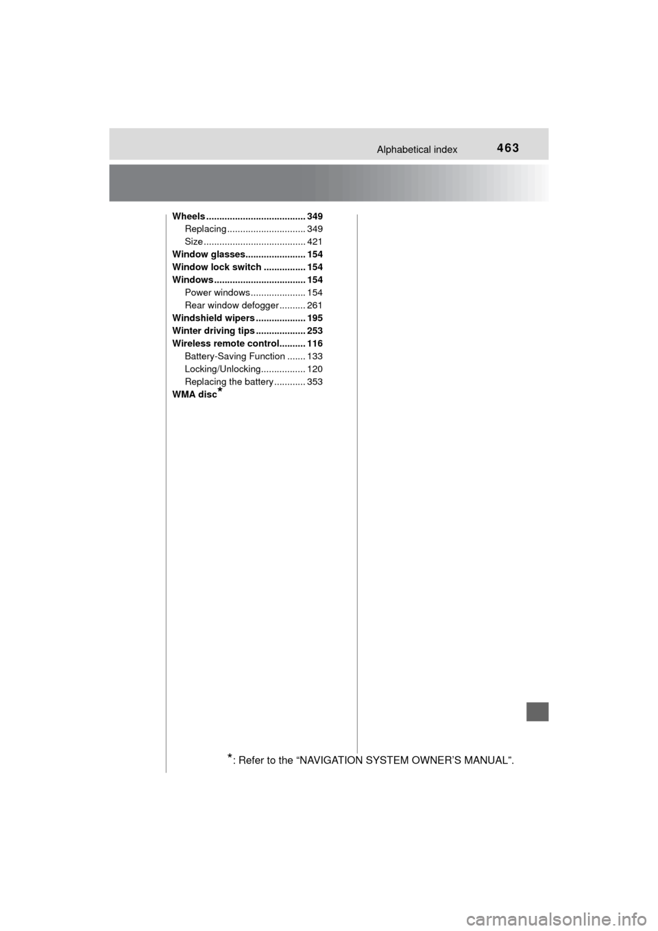 TOYOTA MIRAI 2016 1.G Owners Manual 463Alphabetical index
MIRAI_OM_USA_OM62004U
Wheels ...................................... 349Replacing .............................. 349
Size ....................................... 421
Window glasse