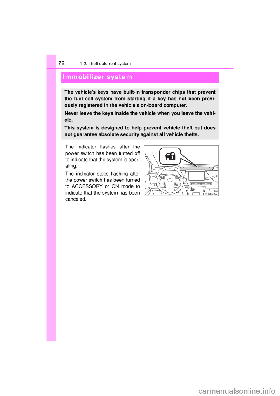 TOYOTA MIRAI 2016 1.G Owners Manual 721-2. Theft deterrent system
MIRAI_OM_USA_OM62004U
Immobilizer system
The indicator flashes after the
power switch has been turned off
to indicate that the system is oper-
ating.
The indicator stops 