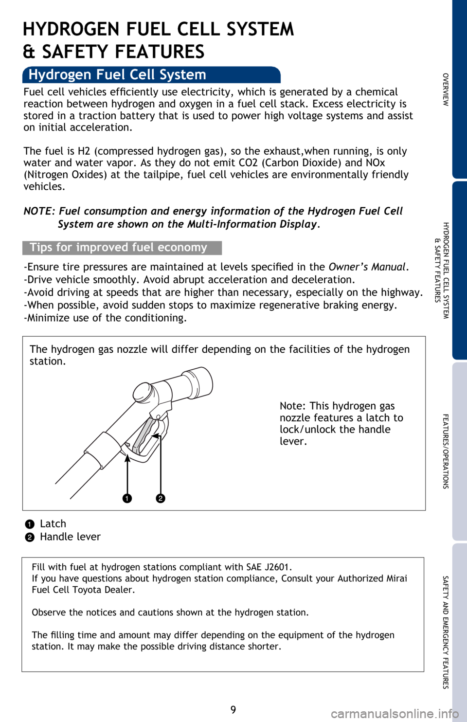 TOYOTA MIRAI 2016 1.G Quick Reference Guide 9
OVERVIEWHYDROGEN FUEL CELL SYSTEM
& SAFETY FEATURESFEATURES/OPERATIONS
SAFETY AND EMERGENCY FEATURES
HYDROGEN FUEL CELL SYSTEM
& SAFETY FEATURES
�)�X�H�O��F�H�O�O��Y�H�K�L�F�O�H�V��H�I�