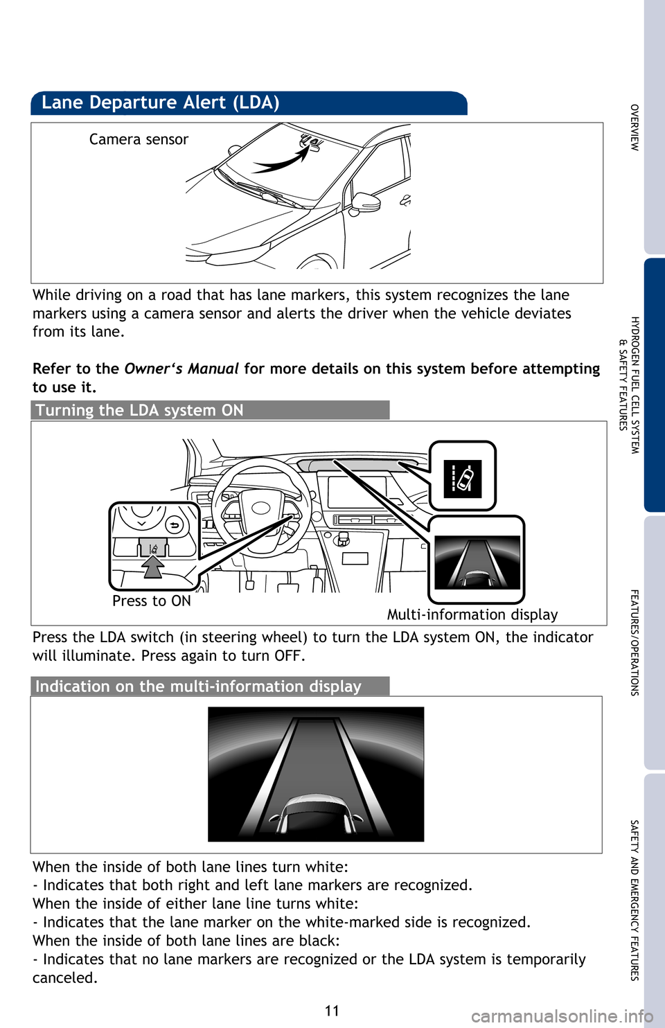 TOYOTA MIRAI 2016 1.G Quick Reference Guide 11
OVERVIEWHYDROGEN FUEL CELL SYSTEM
& SAFETY FEATURESFEATURES/OPERATIONS
SAFETY AND EMERGENCY FEATURES
While driving on a road that has lane markers, this system recognizes the lane 
markers using a 