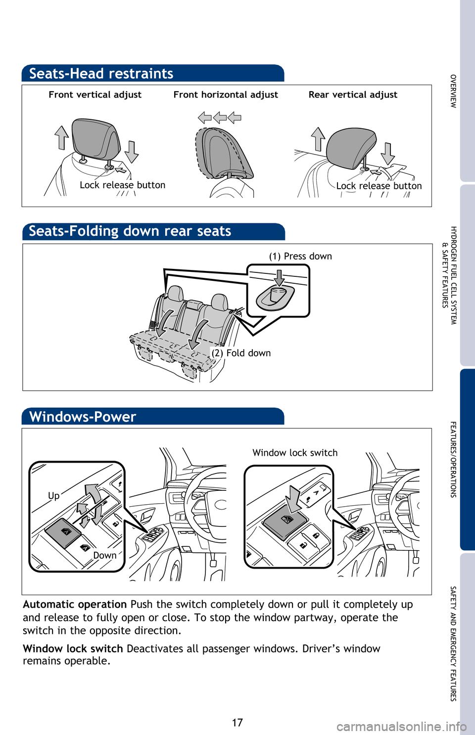 TOYOTA MIRAI 2016 1.G Quick Reference Guide 17
OVERVIEWHYDROGEN FUEL CELL SYSTEM
& SAFETY FEATURESFEATURES/OPERATIONS
SAFETY AND EMERGENCY FEATURESSeats-Head restraints
Windows-Power
Up
Window lock switch
Automatic operation Push the switch com