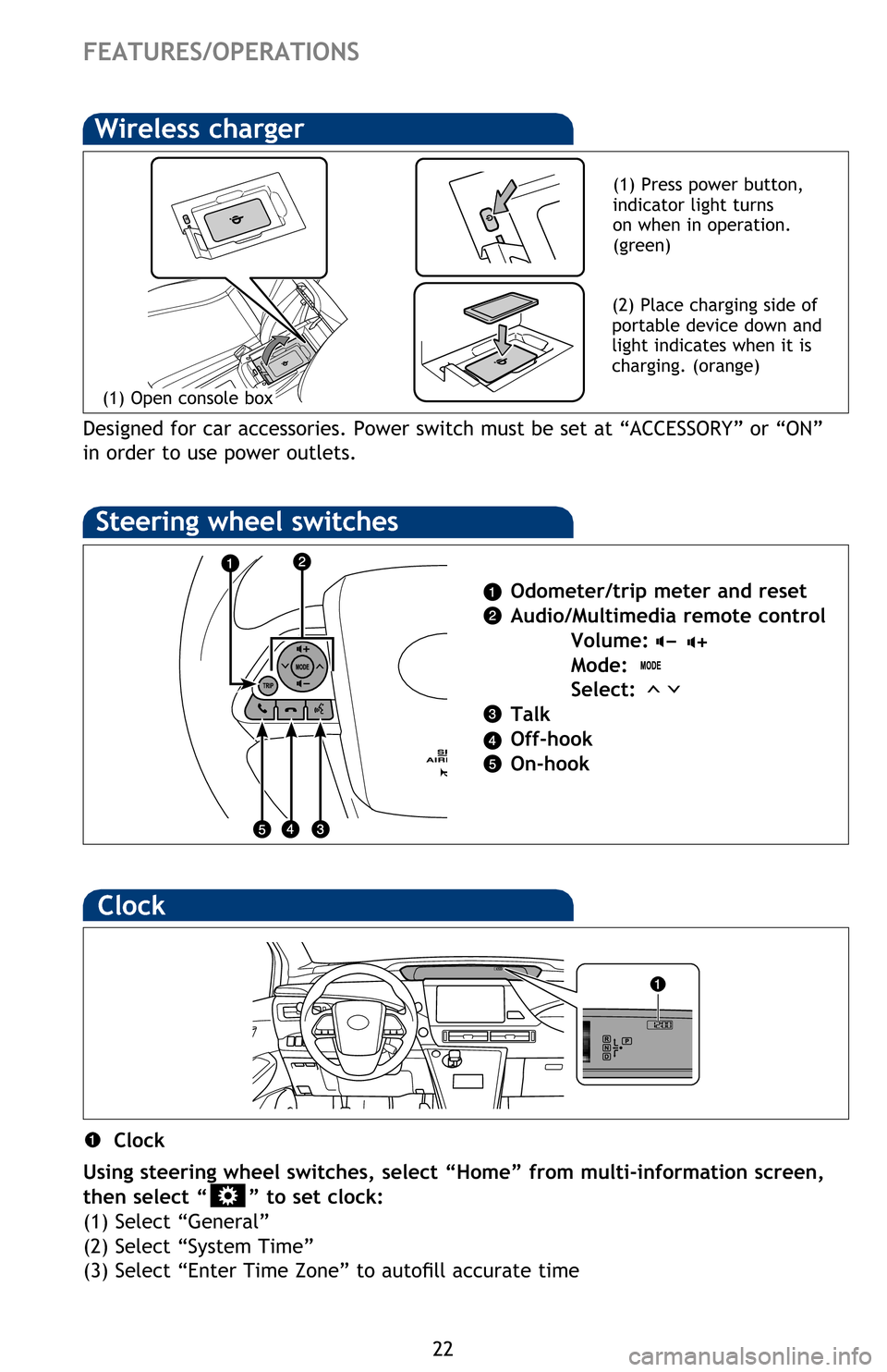 TOYOTA MIRAI 2016 1.G Quick Reference Guide 22
FEATURES/OPERATIONS
Odometer/trip meter and reset 
Audio/Multimedia remote control
 Volume:
 
 Mode: 
 Select: 
Talk
Off-hook
On-hook
Steering wheel switches
Wireless charger
Designed for car acces