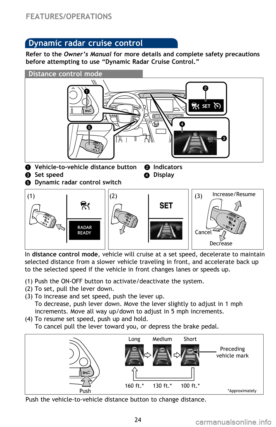 TOYOTA MIRAI 2016 1.G Quick Reference Guide 24
FEATURES/OPERATIONS
Vehicle-to-vehicle distance button Indicators
Set speed Display
Dynamic radar control switch
Refer to the Owner’s Manual for more details and complete safety precaution TOYOTA MIRAI 2016 1.G Quick Reference Guide 24
FEATURES/OPERATIONS
Vehicle-to-vehicle distance button Indicators
Set speed Display
Dynamic radar control switch
Refer to the Owner’s Manual for more details and complete safety precaution