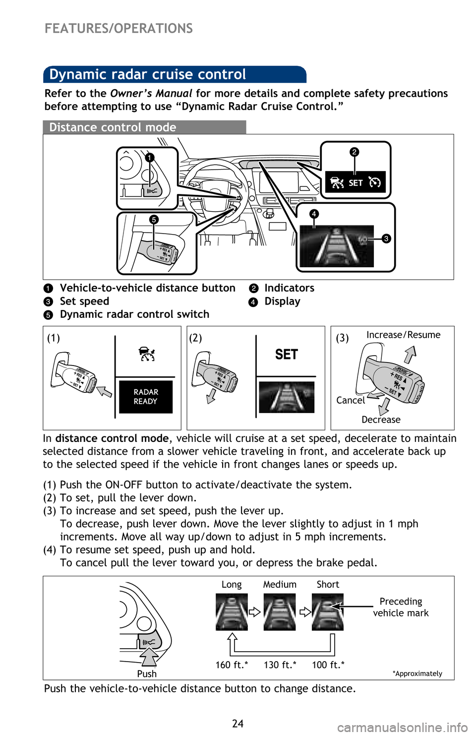 TOYOTA MIRAI 2016 1.G Quick Reference Guide 24
FEATURES/OPERATIONS
Vehicle-to-vehicle distance button   Indicators
Set speed     Display
Dynamic radar control switch 
Refer to the Owner’s Manual for more details and complete safety precaution
