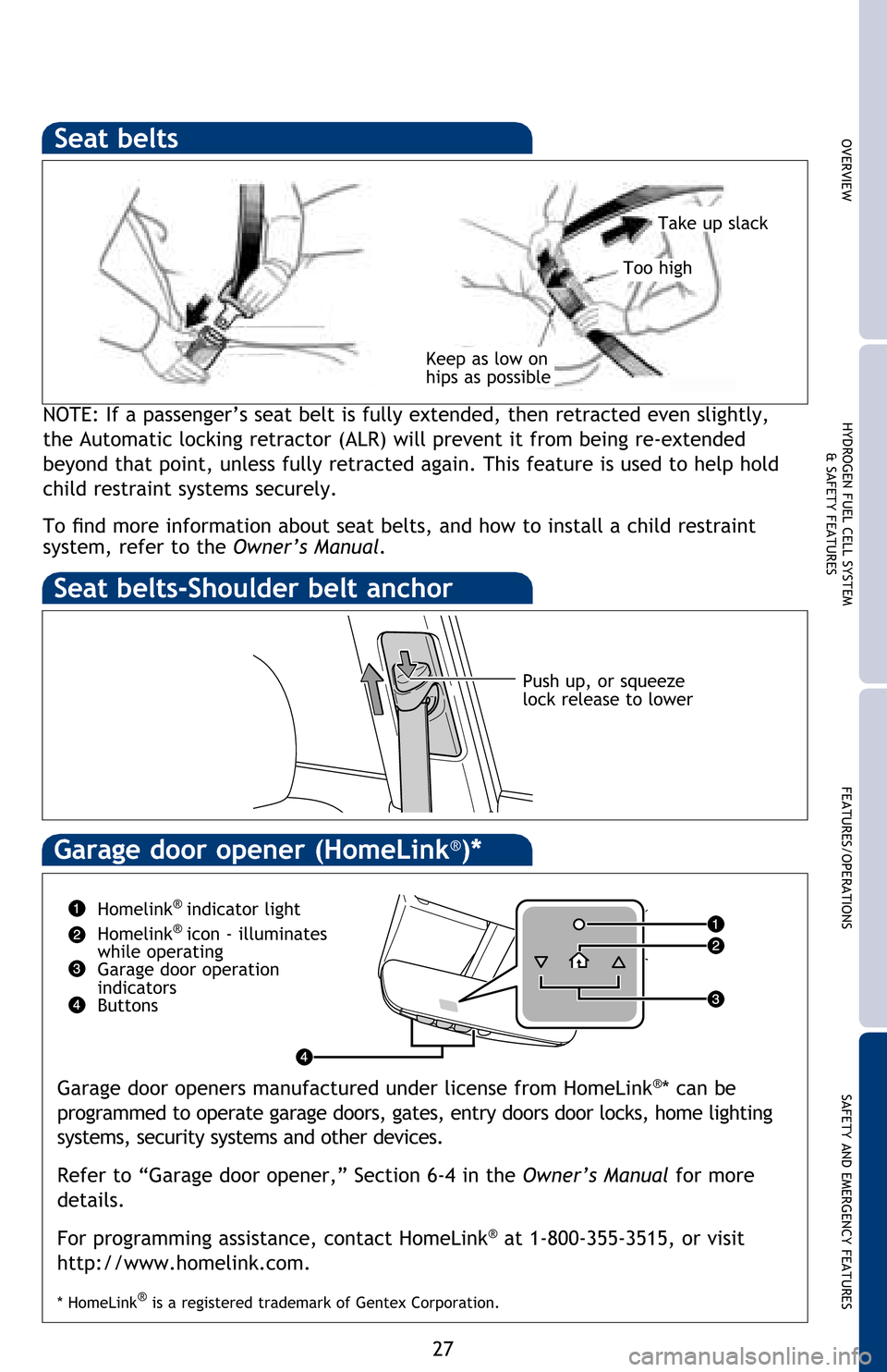 TOYOTA MIRAI 2016 1.G Quick Reference Guide 27
OVERVIEWHYDROGEN FUEL CELL SYSTEM
& SAFETY FEATURESFEATURES/OPERATIONS
SAFETY AND EMERGENCY FEATURES
Garage door openers manufactured under license from HomeLink®�
��F�D�Q�be 
programmed to oper