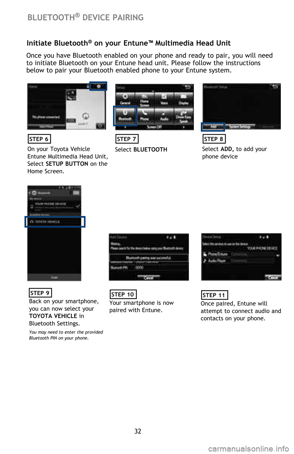 TOYOTA MIRAI 2016 1.G Quick Reference Guide 32
BLUETOOTH® DEVICE PAIRING
Initiate Bluetooth® on your Entune™ Multimedia Head Unit
Once you have Bluetooth enabled on your phone and ready to pair, you will need 
to initiate Bluetooth on your 