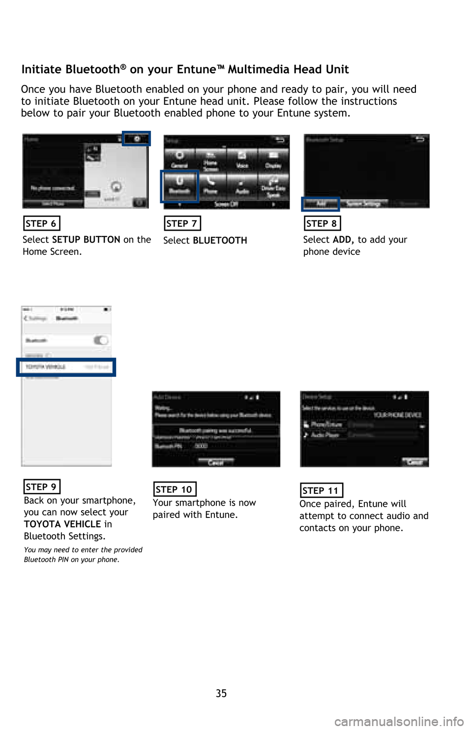 TOYOTA MIRAI 2016 1.G Quick Reference Guide 35
Initiate Bluetooth® on your Entune™ Multimedia Head Unit
�2�Q�F�H��\�R�X��K�D�Y�H��%�O�X�H�W�R�R�W�K��H�Q�D�E�O�H�G��R�Q��\�R�X�U��S�K�R�Q�H��D�Q�G��U�H�D�G�\��W�R��S�D�L�U���\�R�X�