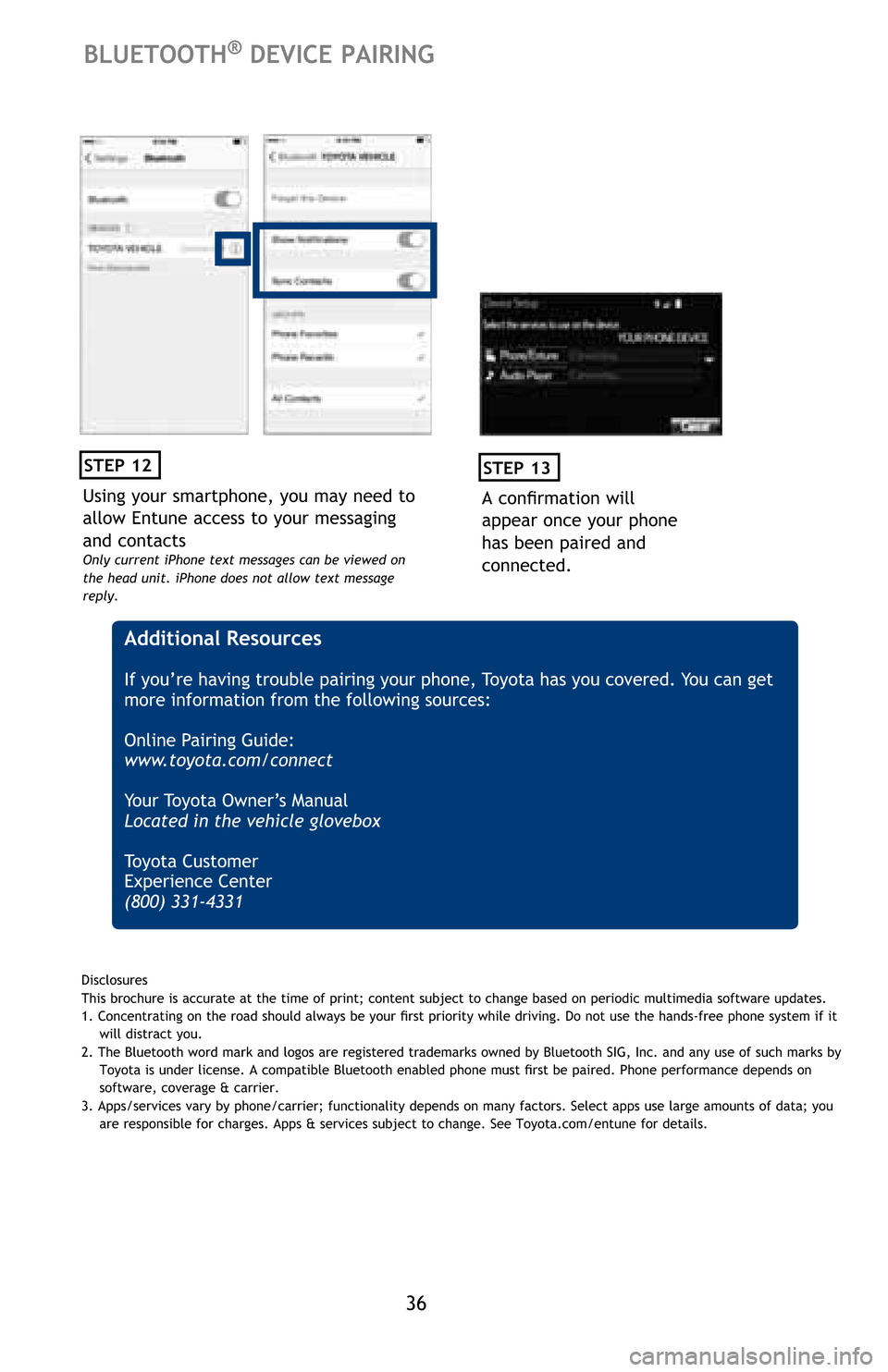 TOYOTA MIRAI 2016 1.G Quick Reference Guide 36
Using your smartphone, you may need to 
allow Entune access to your messaging 
and contacts
Only current iPhone text messages can be viewed on 
the head unit. iPhone does not allow text message 
re