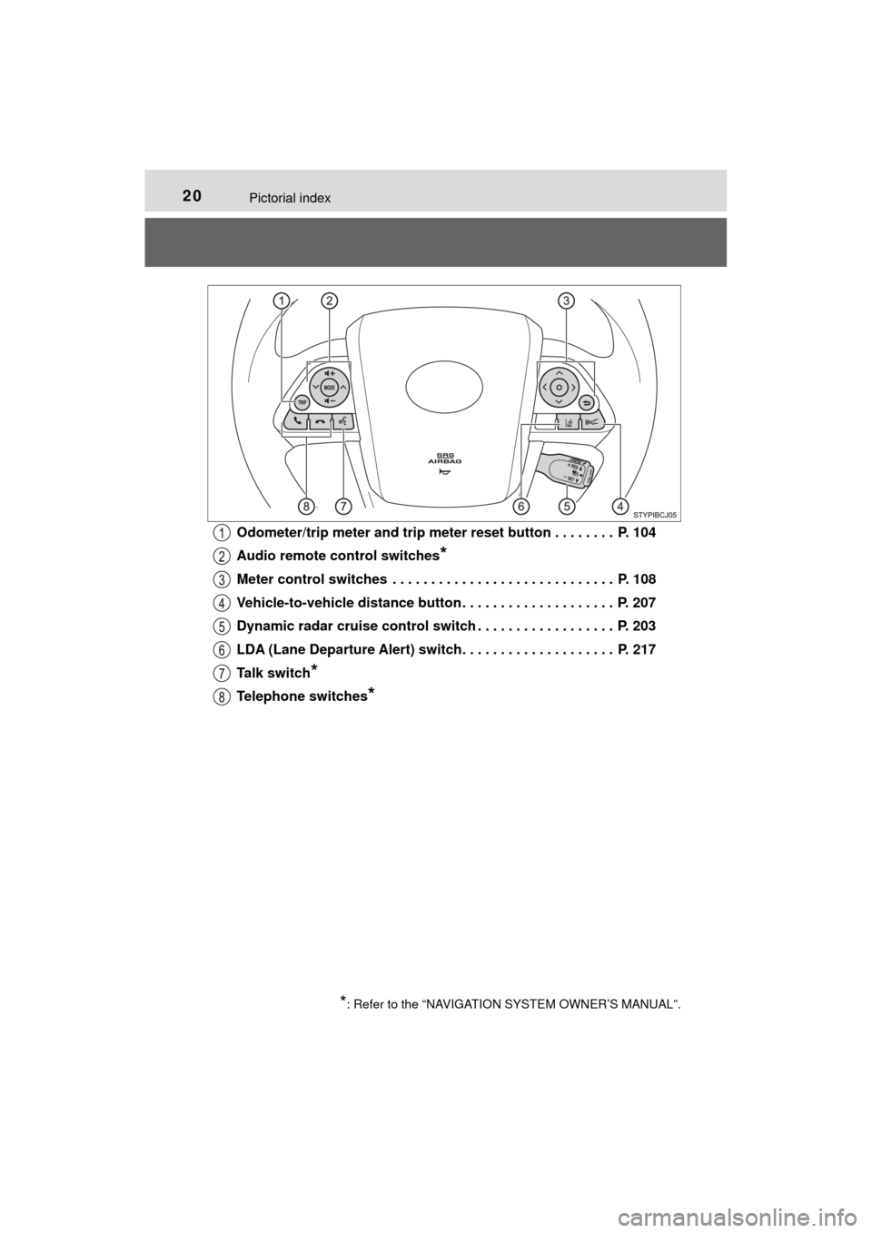 TOYOTA MIRAI 2017 1.G User Guide 20Pictorial index
MIRAI_OM_USA_OM62023UOdometer/trip meter and trip meter 
reset button . . . . . . . .  P. 104
Audio remote control switches
*
Meter control switches  . . . . . . . . . . . . . . . . 