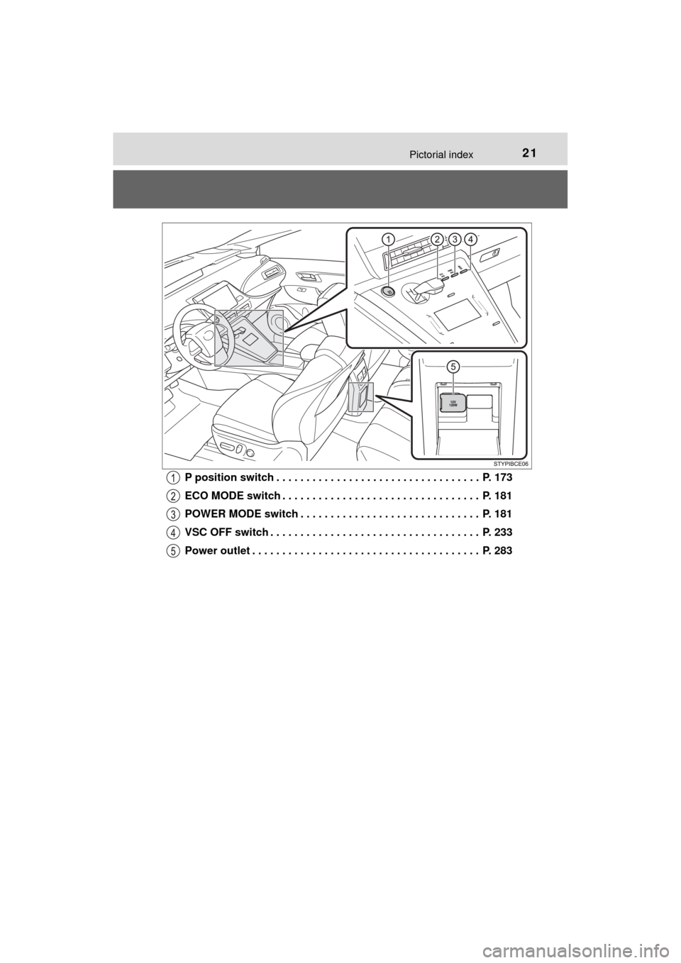 TOYOTA MIRAI 2017 1.G Owners Manual 21Pictorial index
MIRAI_OM_USA_OM62023UP position switch . . . . . . . . . . . . . . . . . . . . . . . . . . . . . . . . . .  P. 173
ECO MODE switch . . . . . . . . . . . . . . . . . . . . . . . . . .